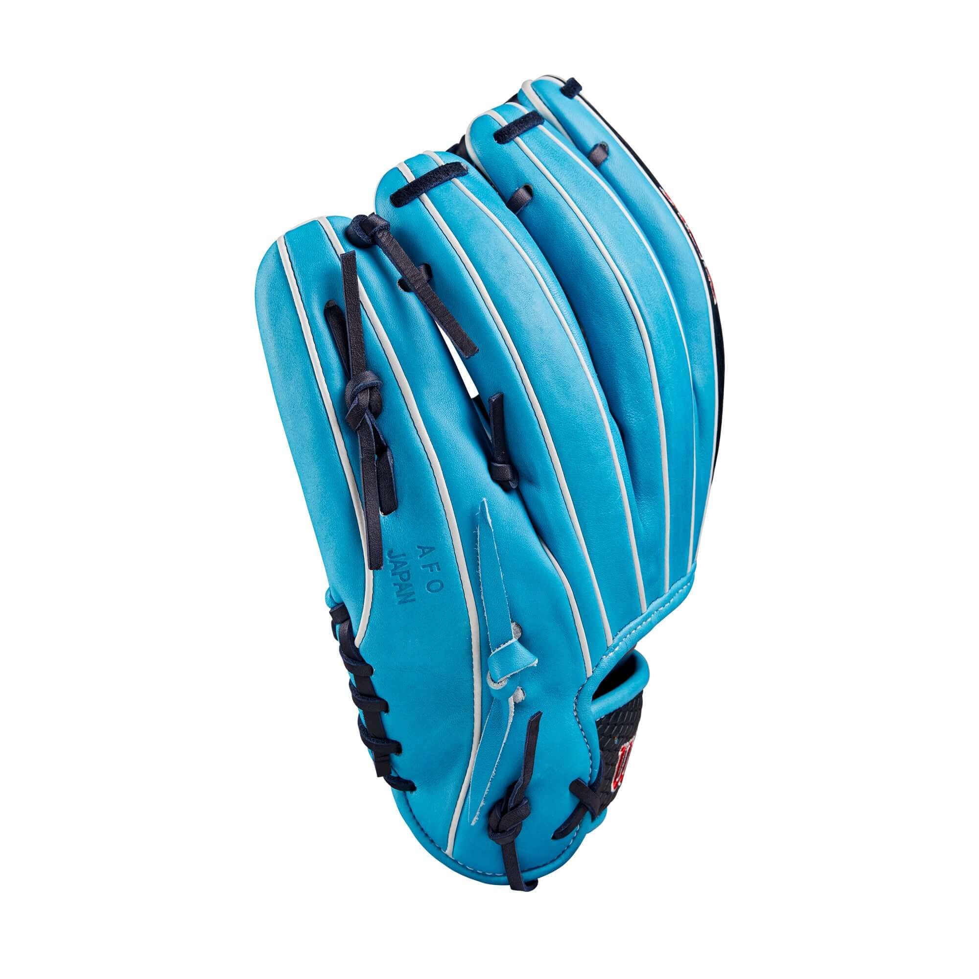 Wilson A2K 1786 glove in Tropical Blue, designed for quick double plays with shallow pocket and H-Web construction.