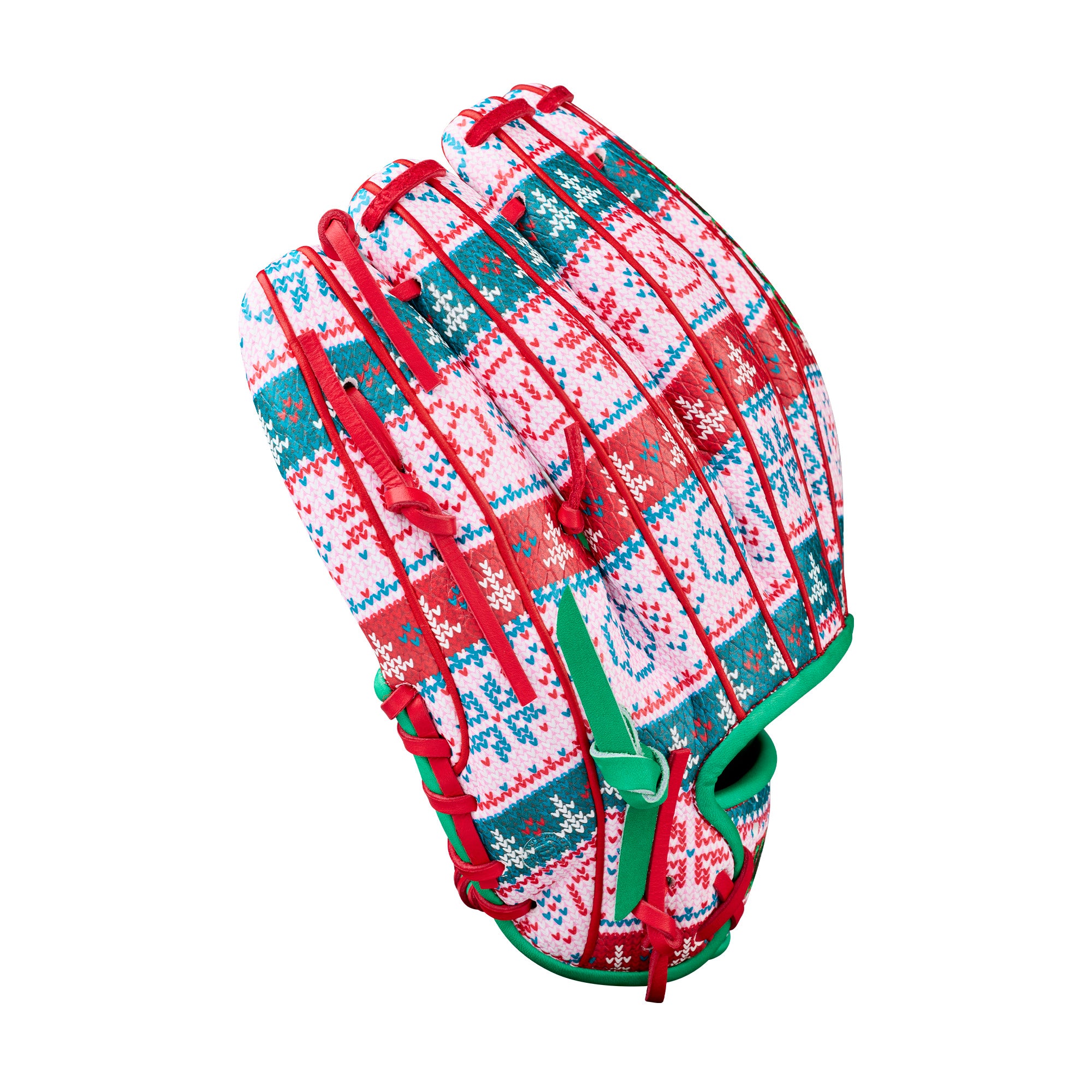Close-up of finger stalls on Wilson Glove of the Month (GOTM) December 2025 A2000 1975 Christmas 11.75" Baseball Glove displaying the festive red-and-white knit pattern.