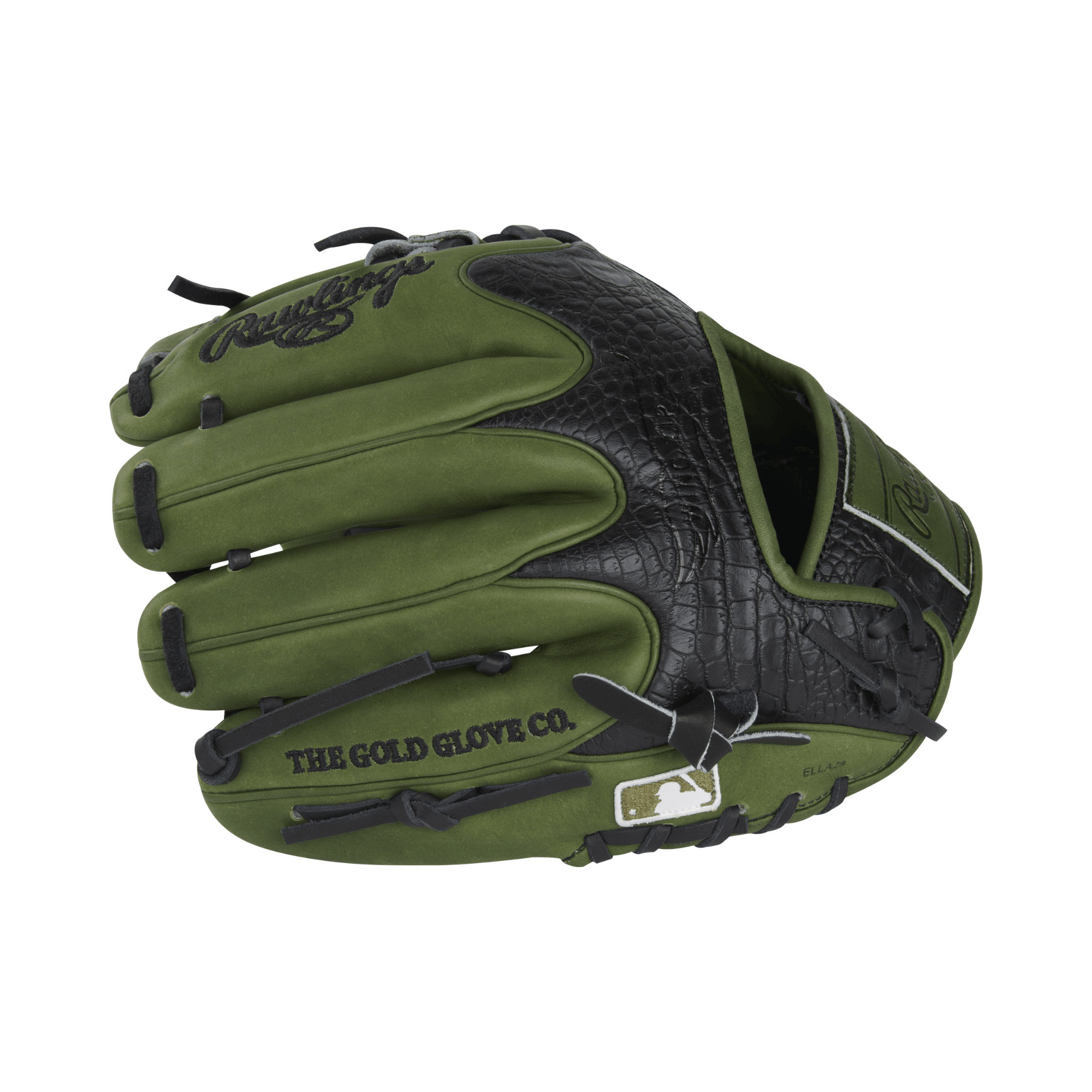 Rawlings Heart of the Hide Color Sync 8.0 baseball glove in military green and black, 11.5 inches, side view.