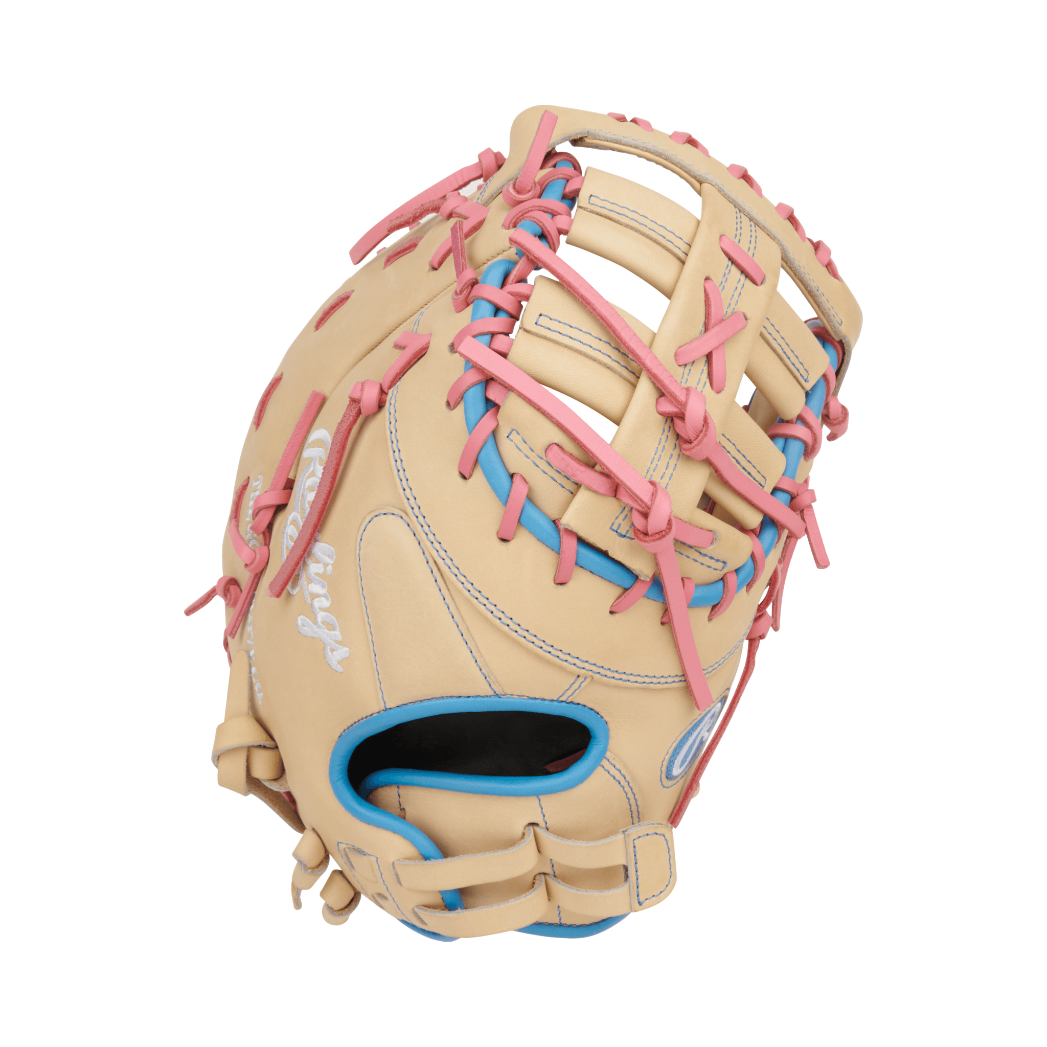 Rawlings Heart of the Hide 13" First Base Mitt Softball Glove in Camel, Pink, and Columbia Blue colors.