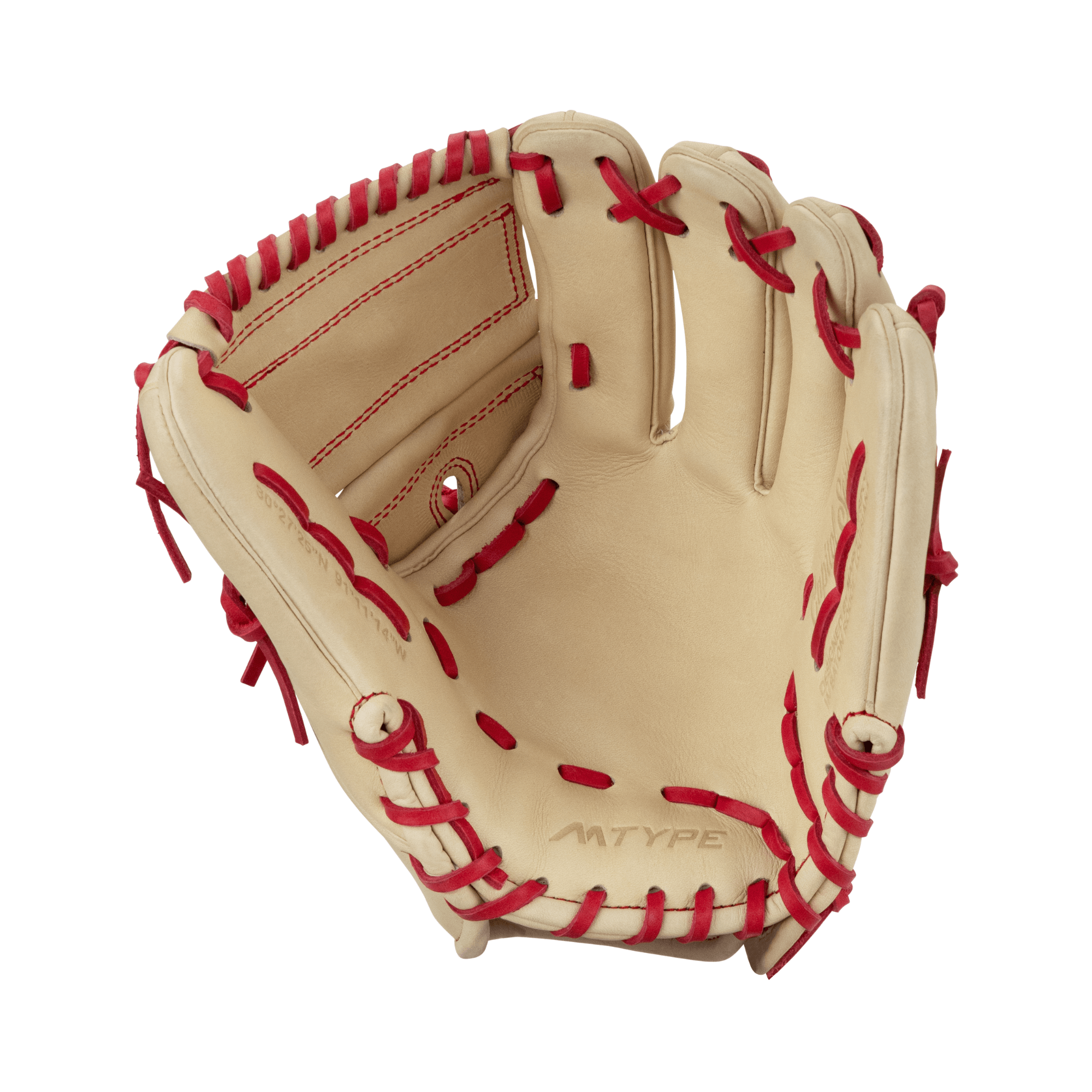 Marucci Capitol M Type 14K2 11.75" glove, premium kip leather, red stitching, enhanced comfort, round deep design.