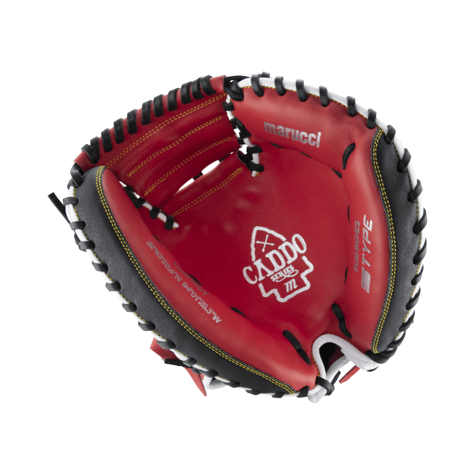 Marucci Caddo Series V2 31.00 Catcher's Mitt, featuring red full-grain leather and adjustable fit for enhanced security.