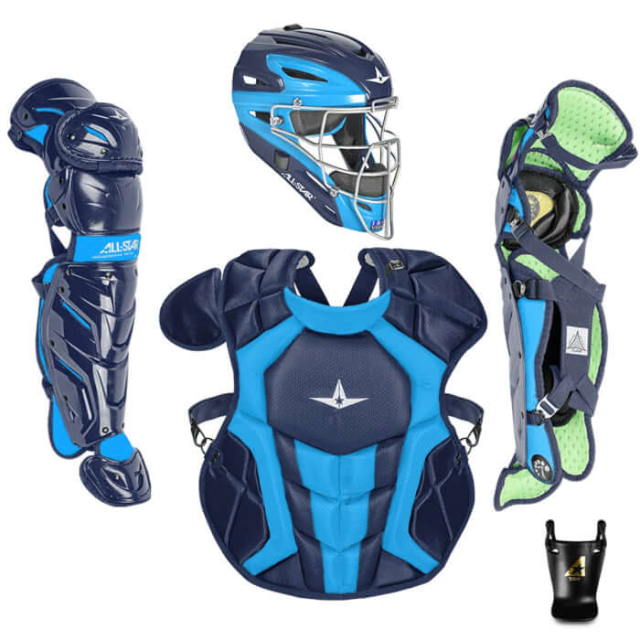 All-Star S7 Axis catching kit featuring helmet, chest protector, and leg guards in blue and navy colors.
