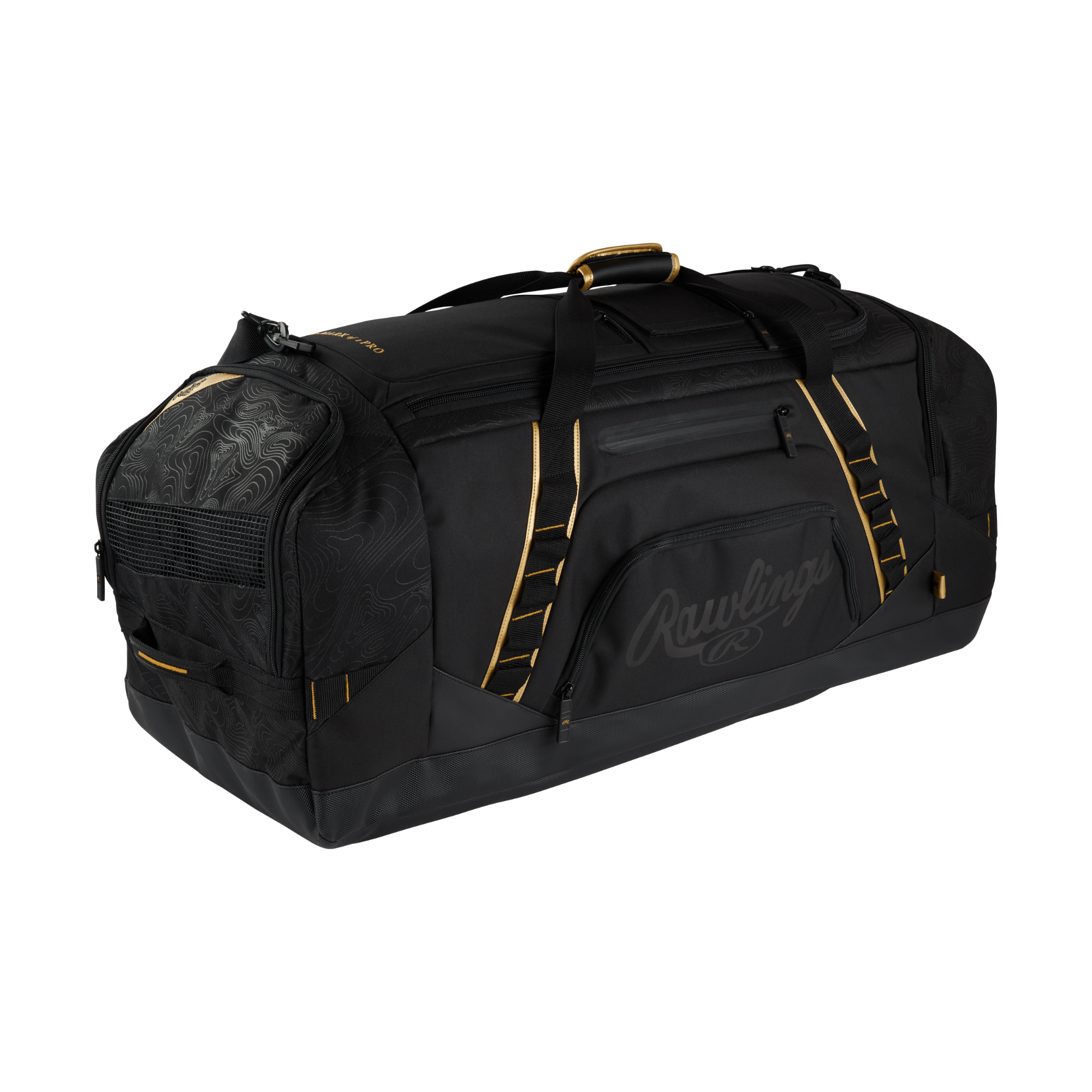Side view of Rawlings Gold Collection XL Duffel Bag with black and gold accents and logo visible.