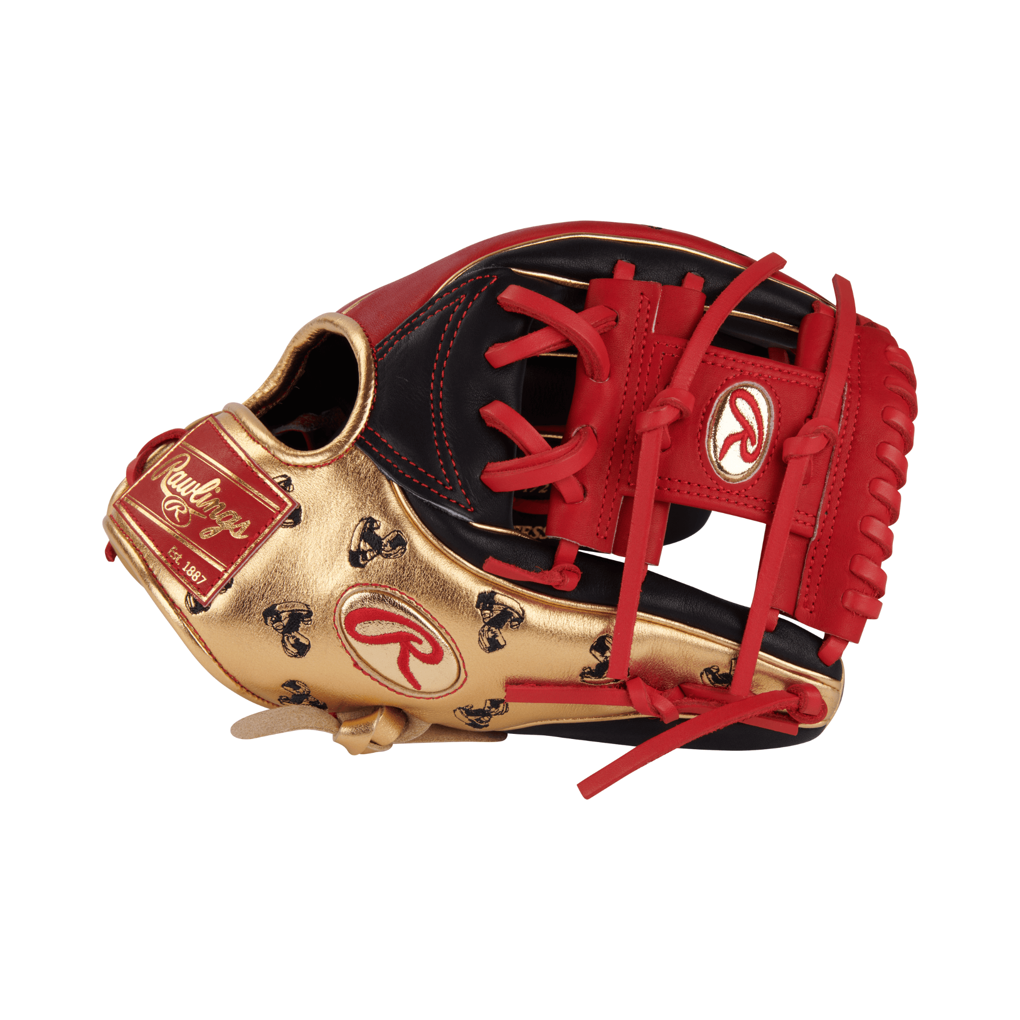 Left side and thumb view with gold embroidery on Rawlings June 2025 Gold Glove Club Glove.