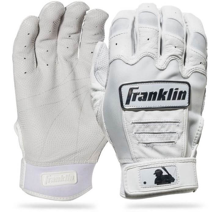Franklin CFX Pro Chrome Series batting gloves in white with Pittards leather palm for durability and grip.