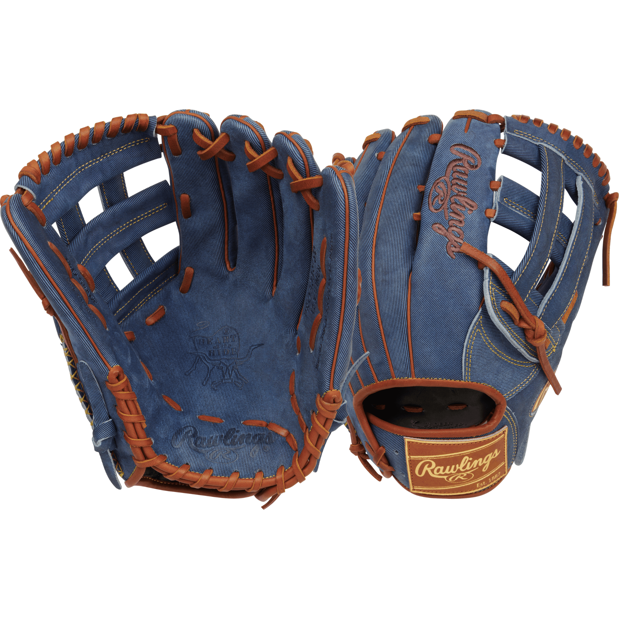 Rawlings Heart of the Hide Denim Edition Outfield Glove with brown stitching, 12.75" size, showcasing denim finish and classic design.