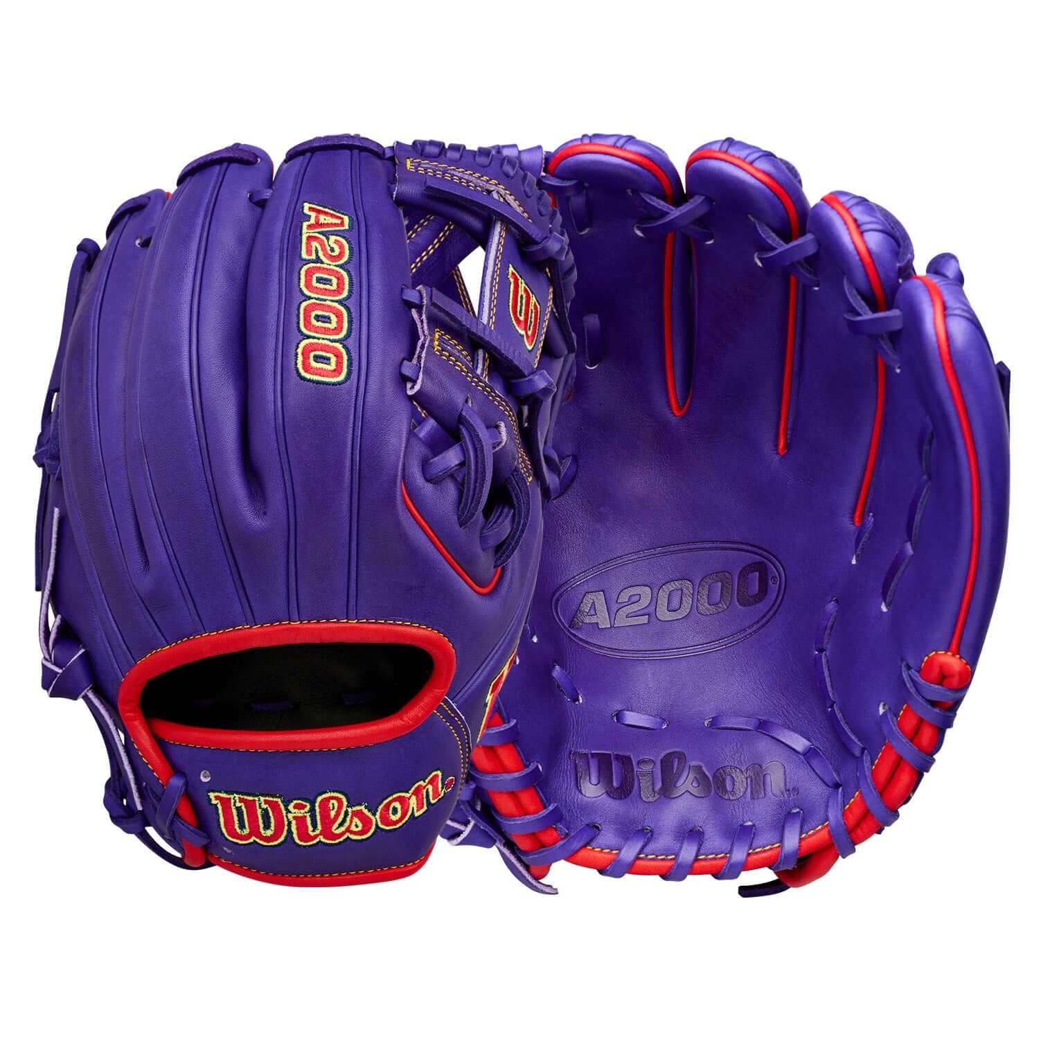 Wilson Ground Ball Grape A2000 1786 11.5" Infield Baseball Glove, palm and backhand view, I-web, red lacing