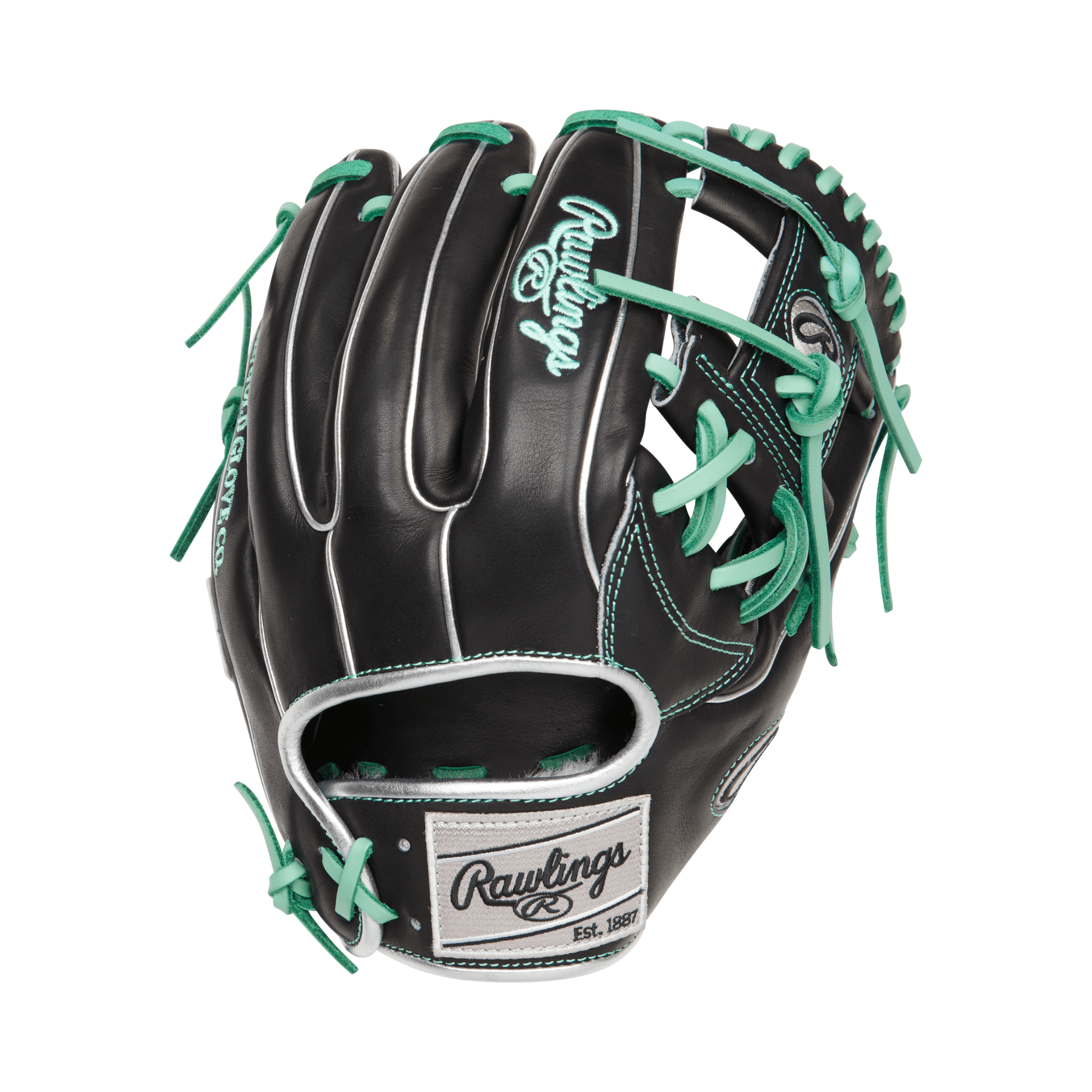 Rawlings Pro Preferred 11.5" infield baseball glove in black and teal, crafted from premium kip leather.