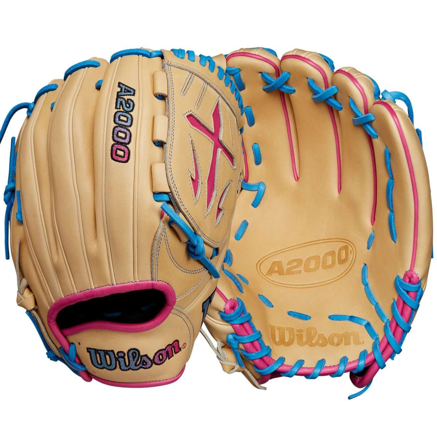 Wilson A2000 B23 blonde glove with sky blue and pink accents, featuring a Swordsman Web design and custom logos.