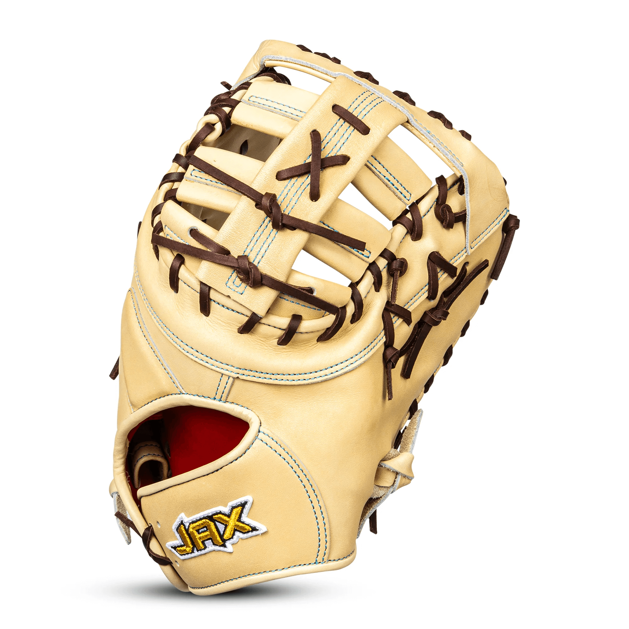 Jax PL-4 First Base Mitt thumb close-up highlighting cushioned slot and leather detail.