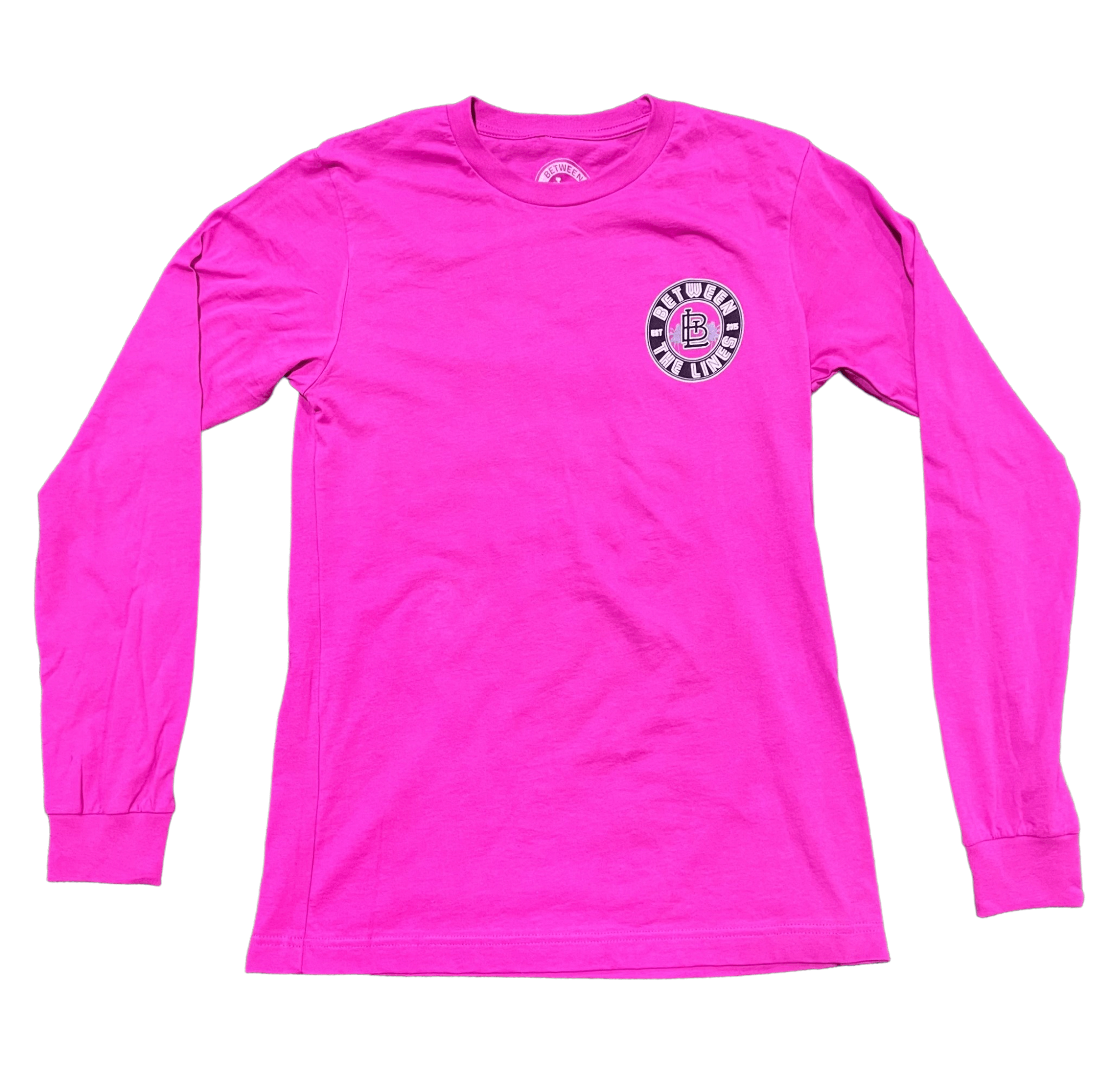 Bright pink long sleeve top featuring a crew neckline and a graphic on the chest for a casual, stylish look.