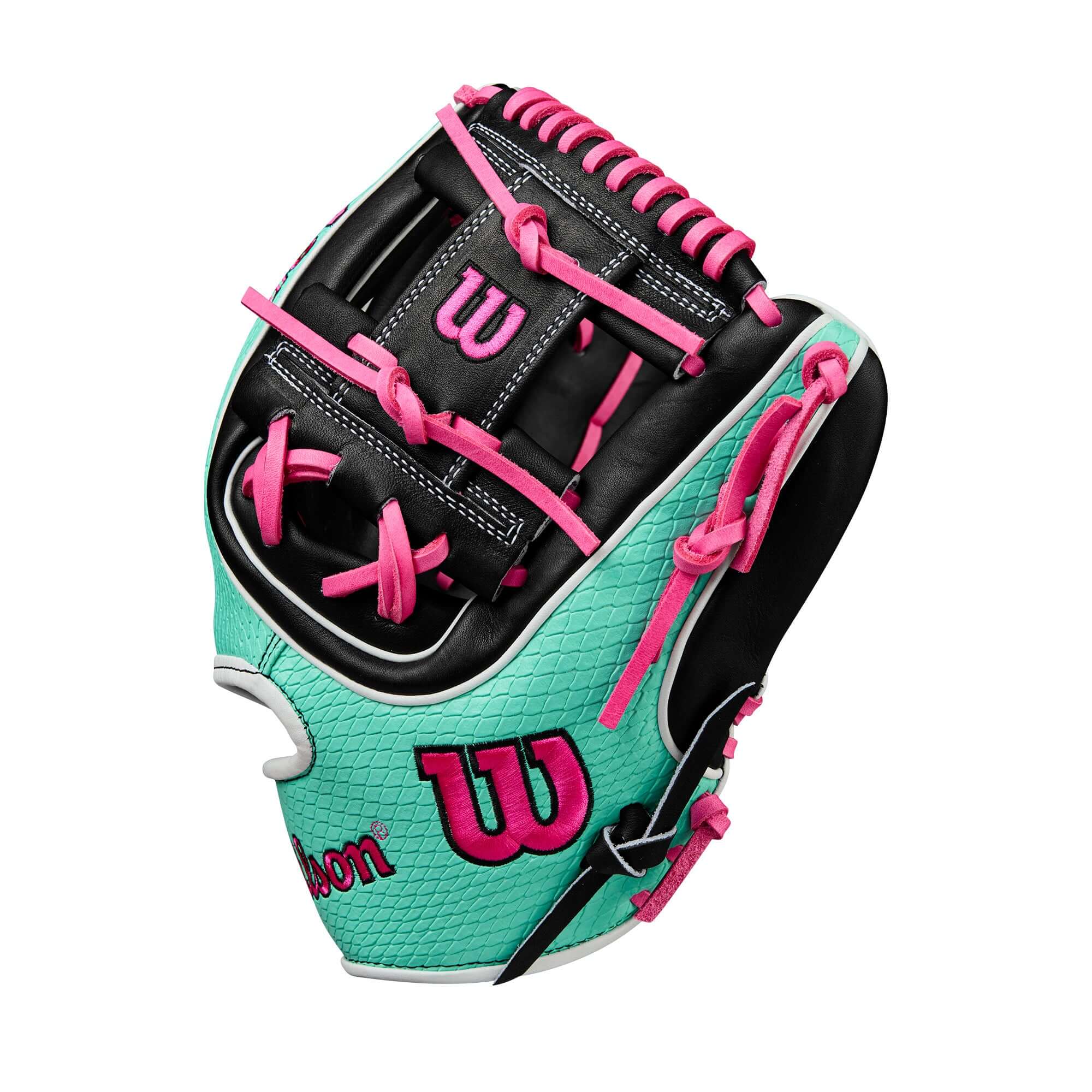 Wilson Summer 2025 A2K 1720SS Infield Baseball Glove in Black, Seafoam, and Flamingo, 11.5 inches for premium performance.