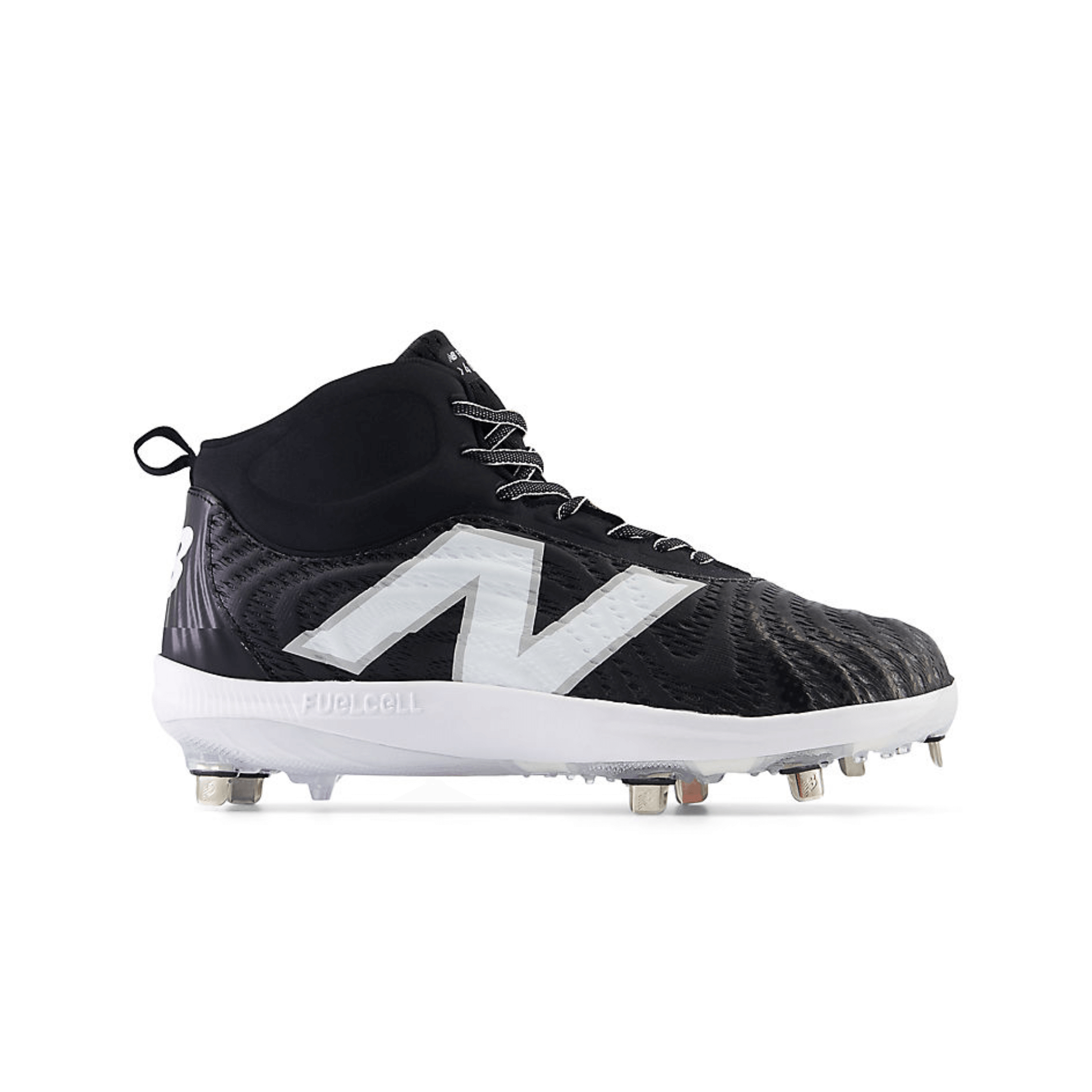 New Balance FuelCell 4040 v7 Mid-Metal cleats in black with white logo, featuring a mid-cut design for ankle support.