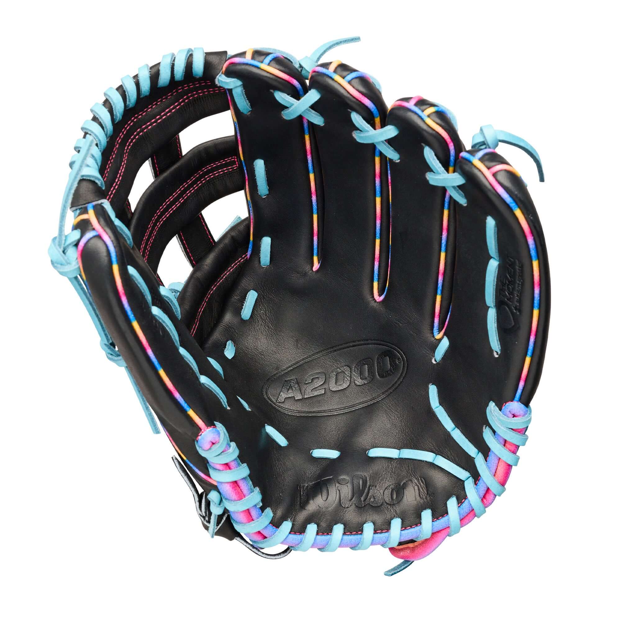 Wilson 2026 Love the Moment 1750 12.5” Outfield Baseball Glove LHT palm view, black with blue and rainbow lacing, H-web.