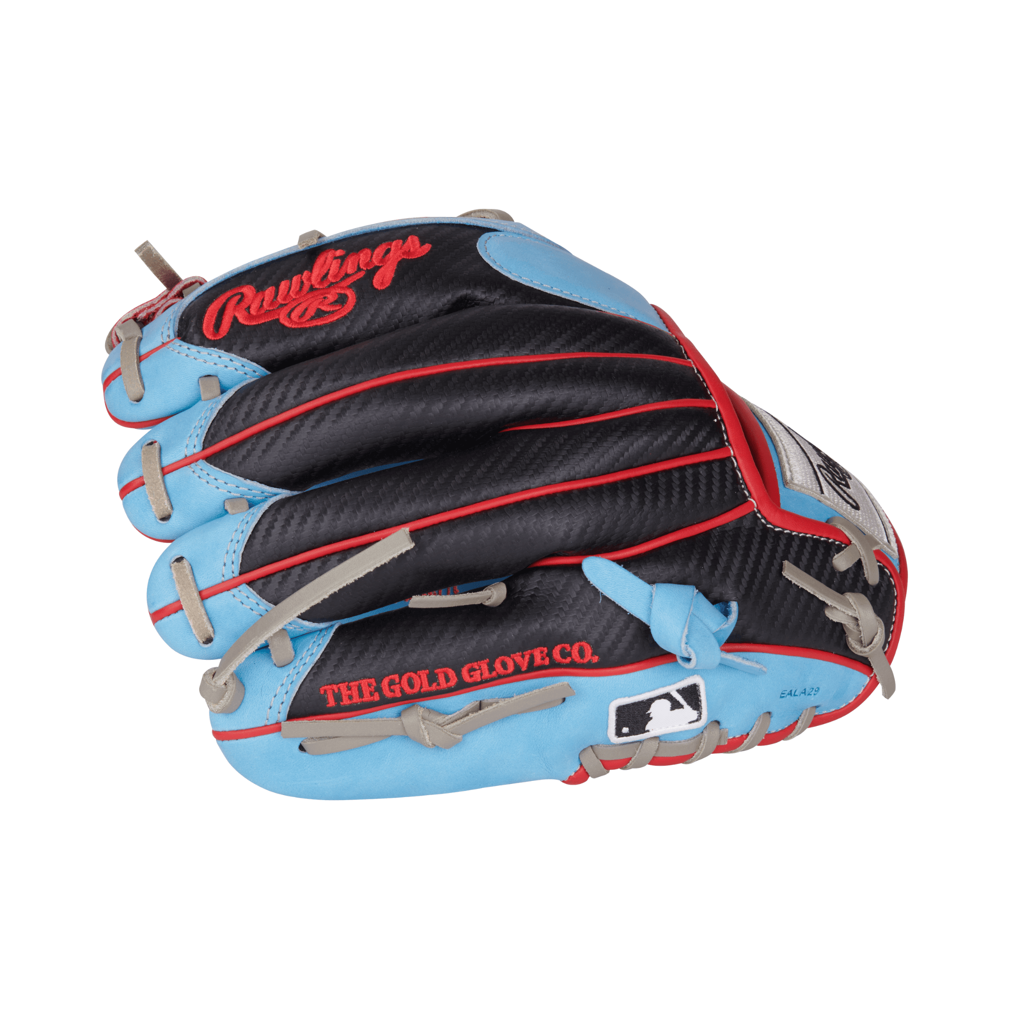 Rawlings Heart of the Hide 11.5" infield glove in columbia blue and black with scarlet red accents and Pro-I web design.