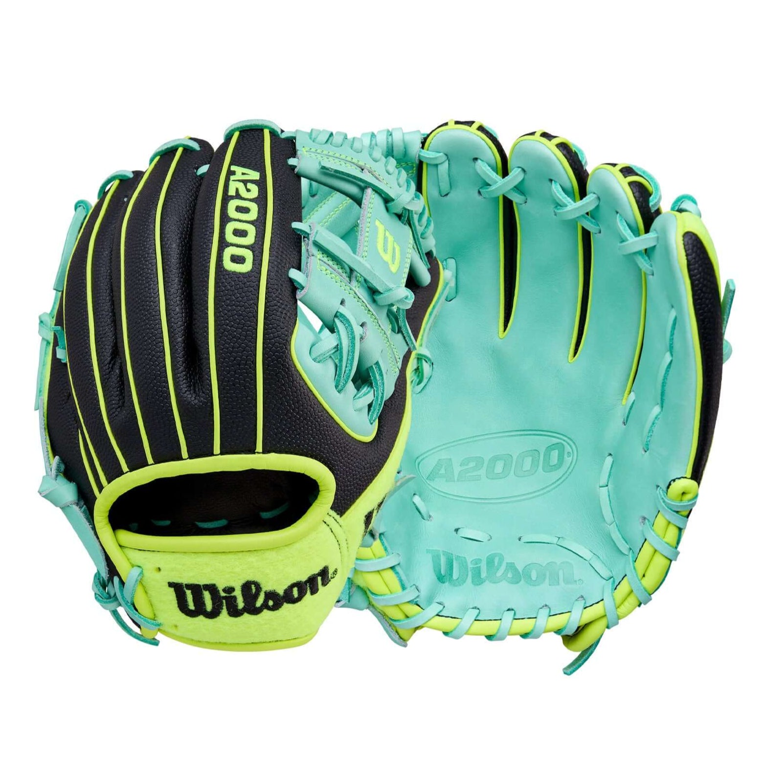 Wilson 2025 Tennis A2000 1786SS 11.5” infield glove front and back view with seafoam Pro Stock leather.