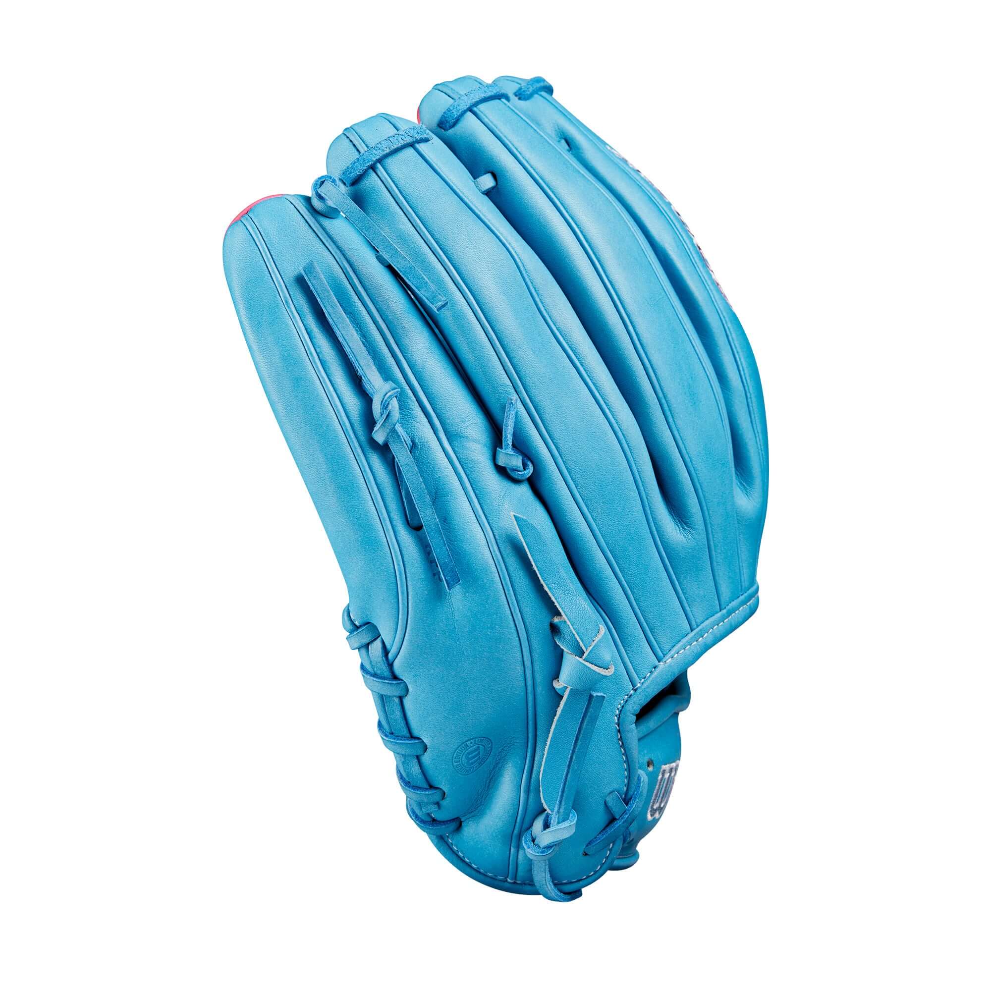 Wilson A2000 B23 glove in Sky Blue, featuring a modified wrist strap and Swordsman Web design. Ideal for pitchers.