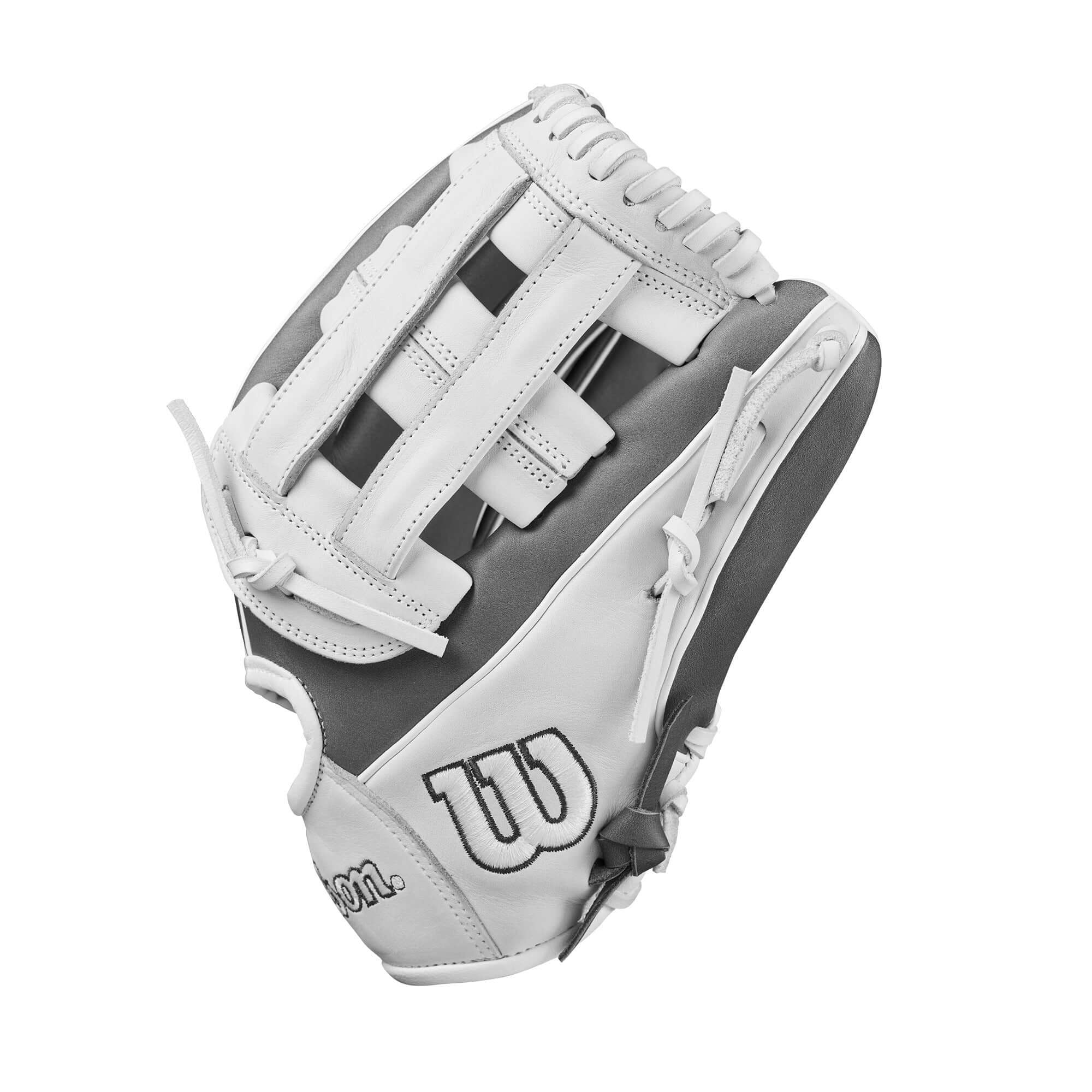 Wilson 2025 A1000FP IF12 12" infield fastpitch softball glove in white and grey color.