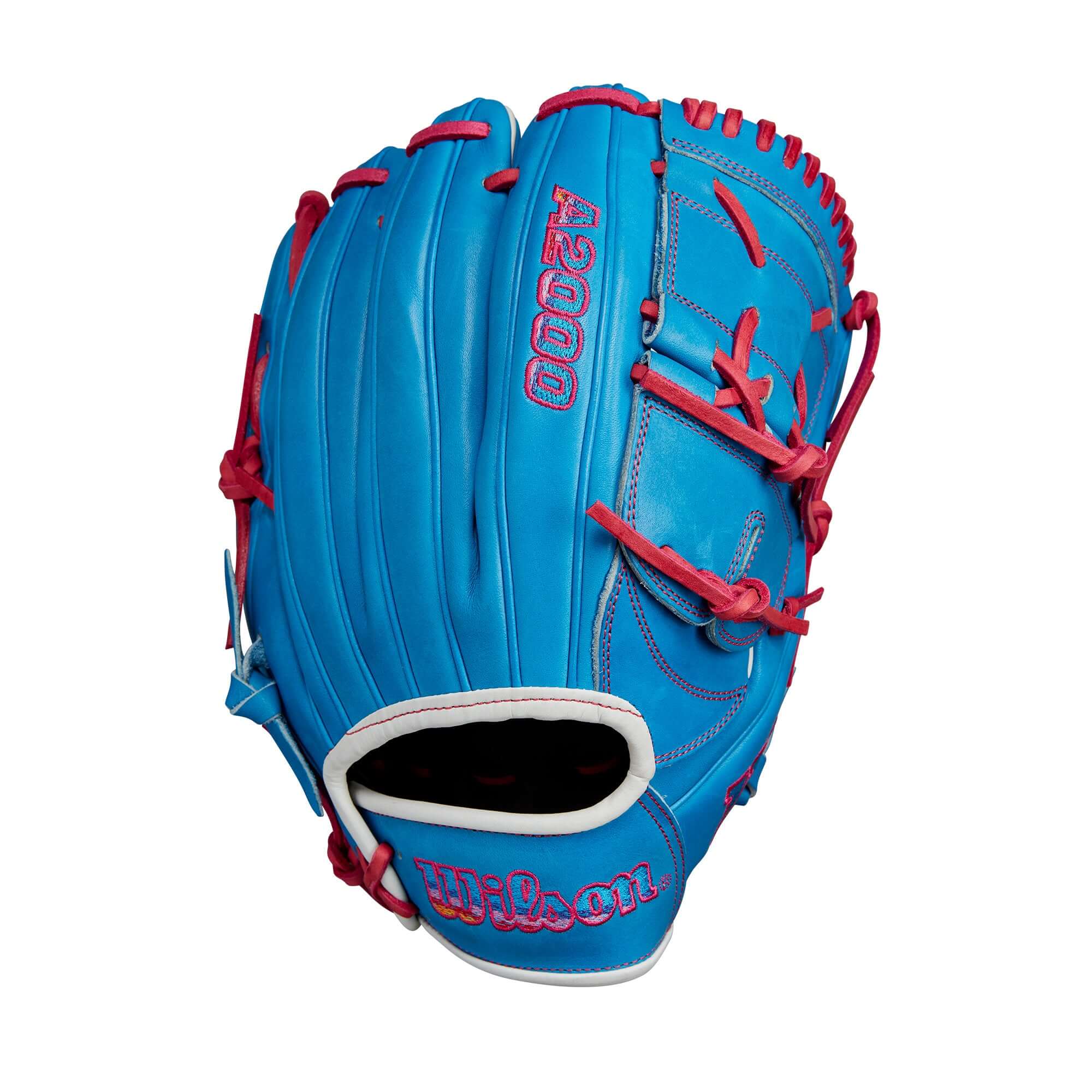 Wilson 2024 Autism Speaks A2000 B2 12" pitcher’s glove in blue and pink, featuring closed web design and Pro Stock leather.