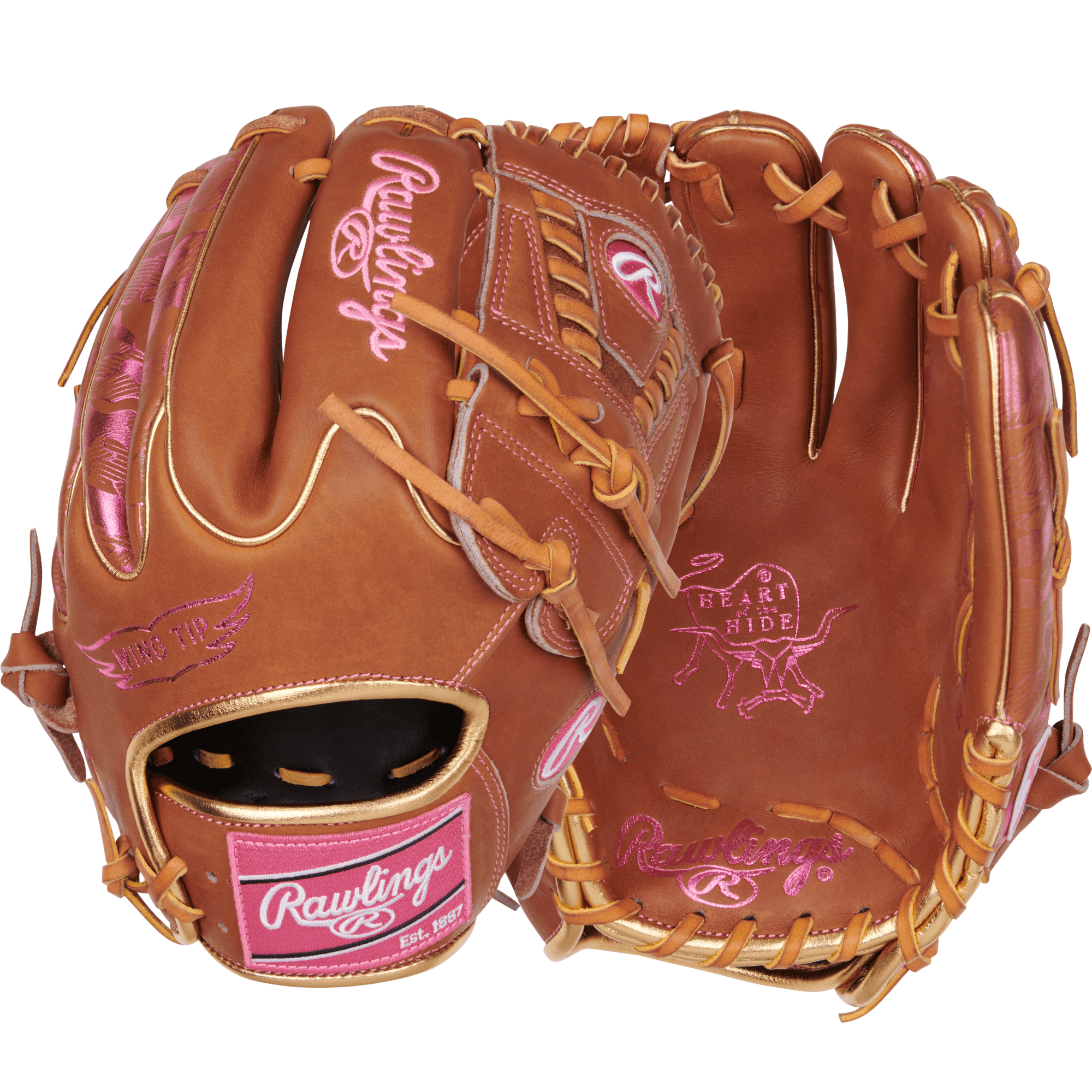Back and palm view of Rawlings 11.75'' Colorsync Utility Glove in golden-brown, featuring gold and pink accents.