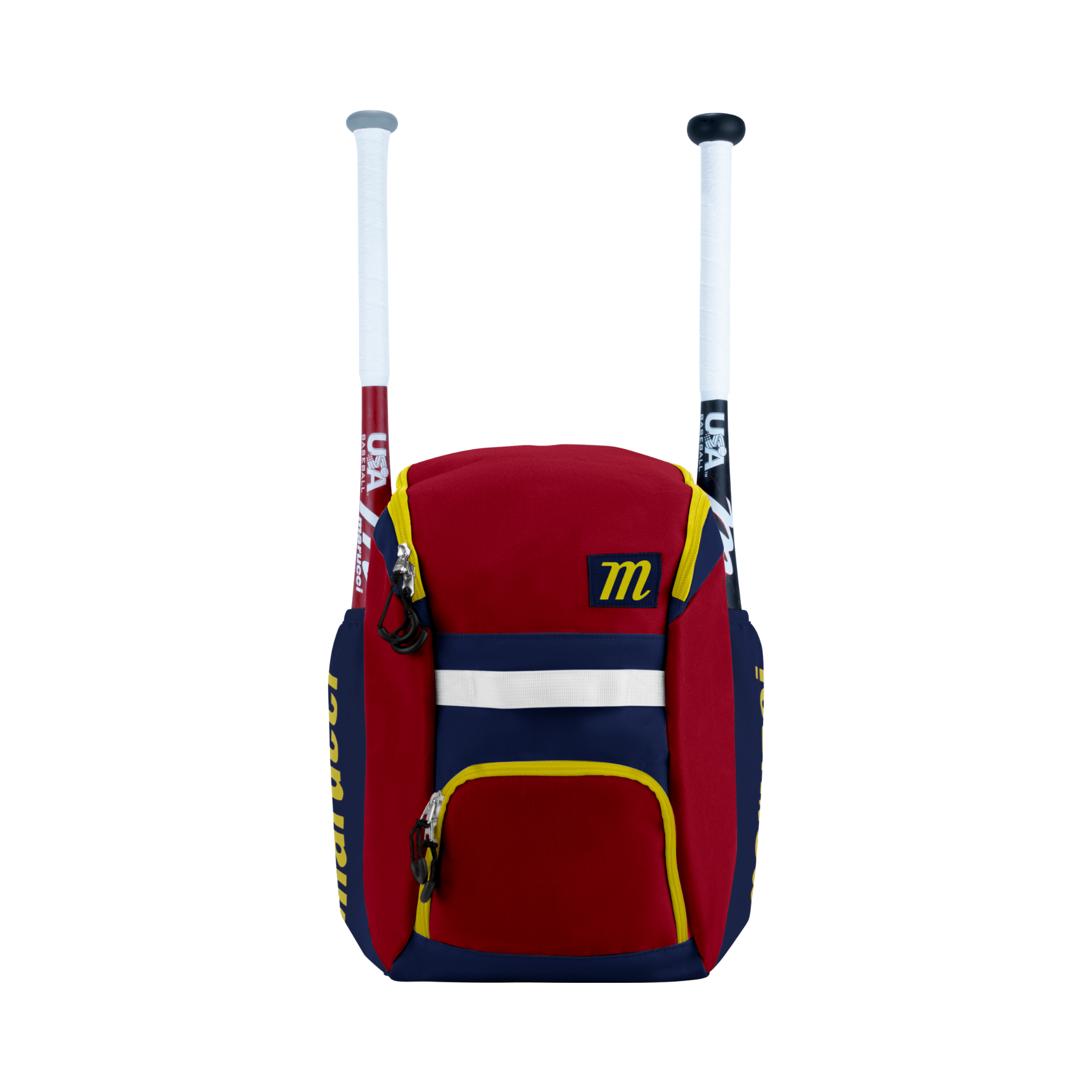 Marucci Foxtrott T-Ball Bat Pack in red and navy blue, designed for young players with storage for t-ball gear.