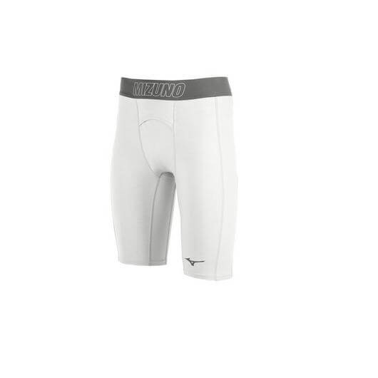 Mizuno Arrival Compression Short in white with soft touch waistband, cup pocket, designed for comfort and performance.