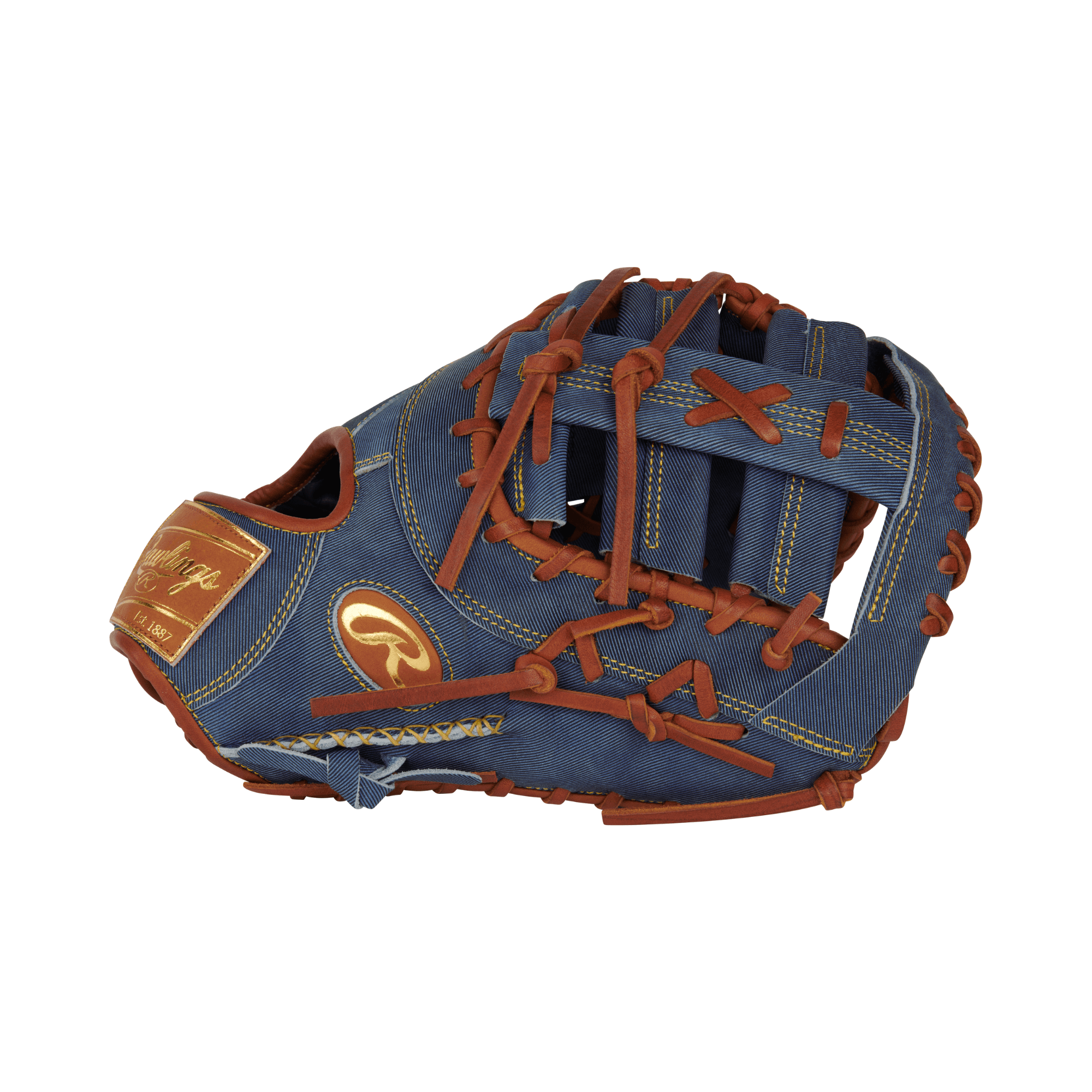 Rawlings Heart of the Hide Pro Label Denim Edition First Base Mitt 13" LHT, featuring denim finish and rich brown stitching.