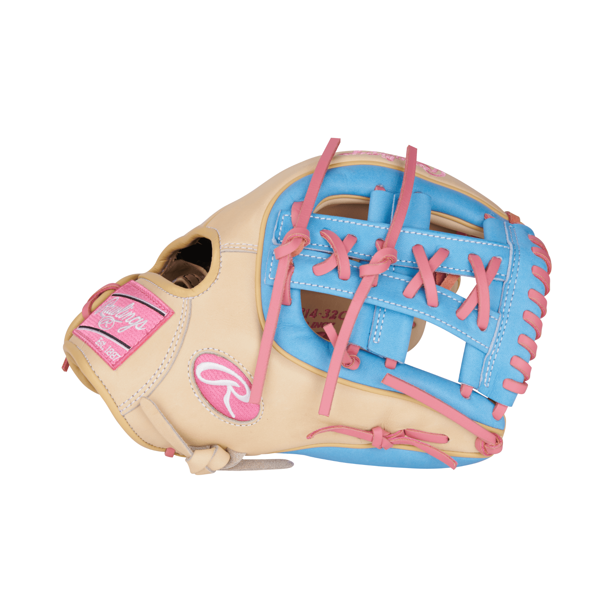 Rawlings 11.5-inch Heart of the Hide glove in camel and columbia blue with pink laces and patch. Perfect for infield play.