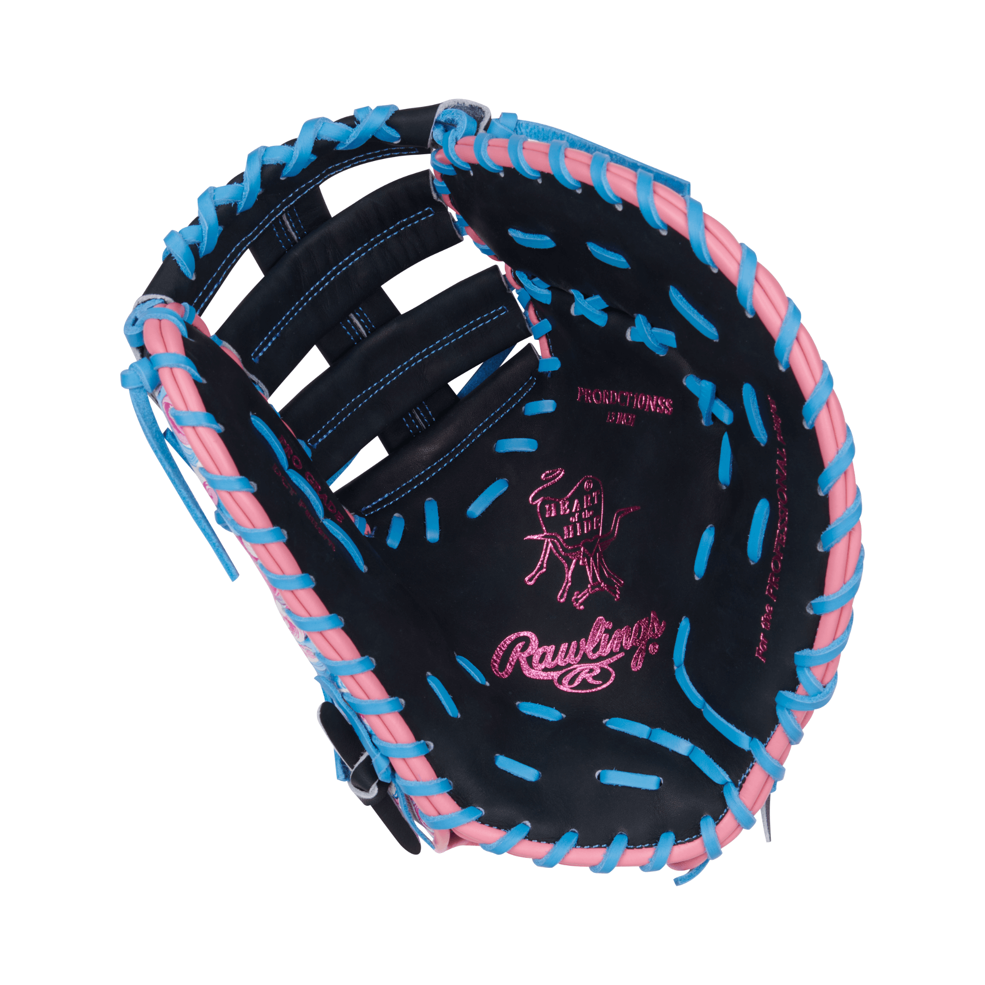 Rawlings Heart of the Hide Colorsync 9.0 First Base Mitt in black with pink and blue accents, 13 inches, designed for first basemen.