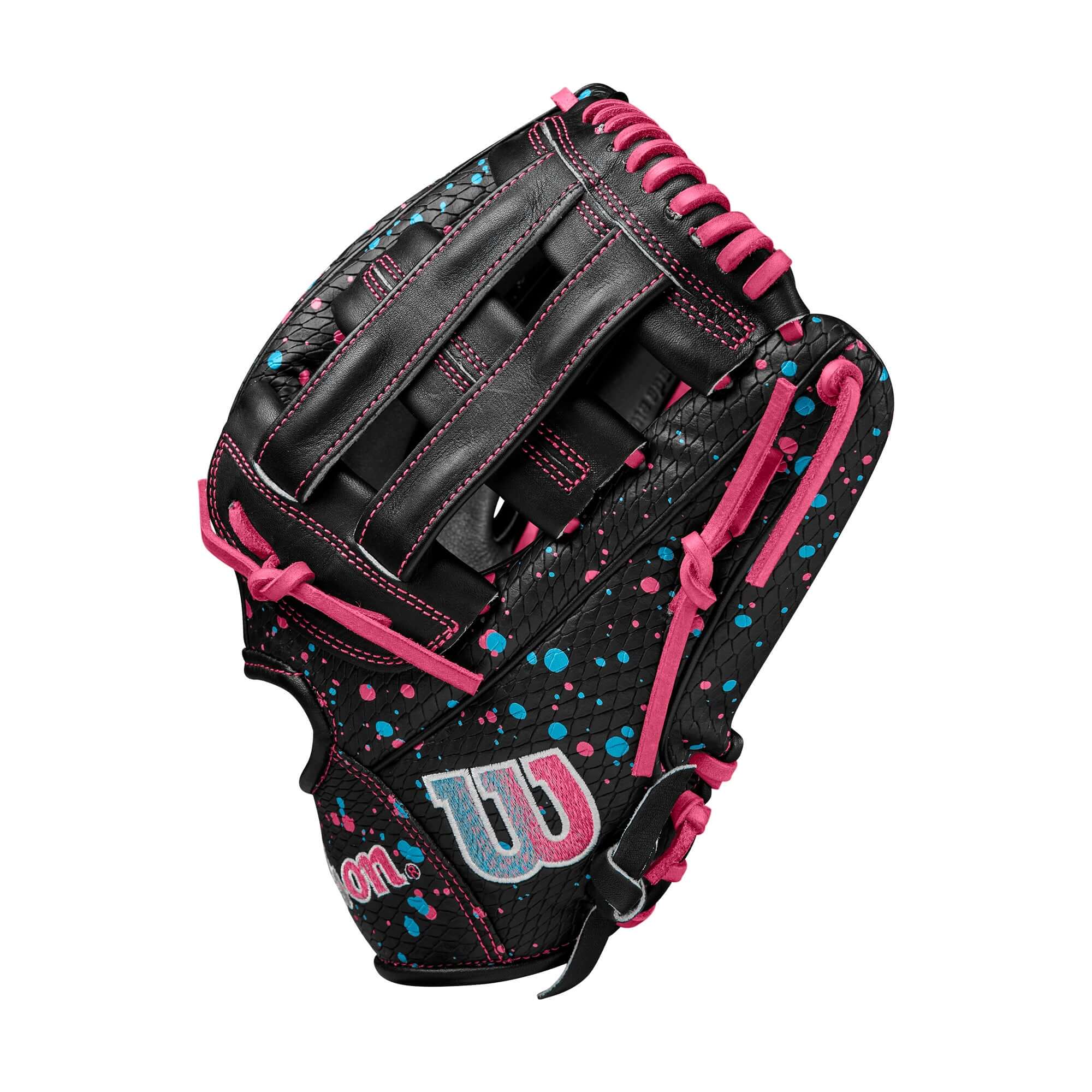 Wilson A2000 Elly De La Cruz 12" infield baseball glove featuring Black SuperSnakeSkin with pink and blue accents.