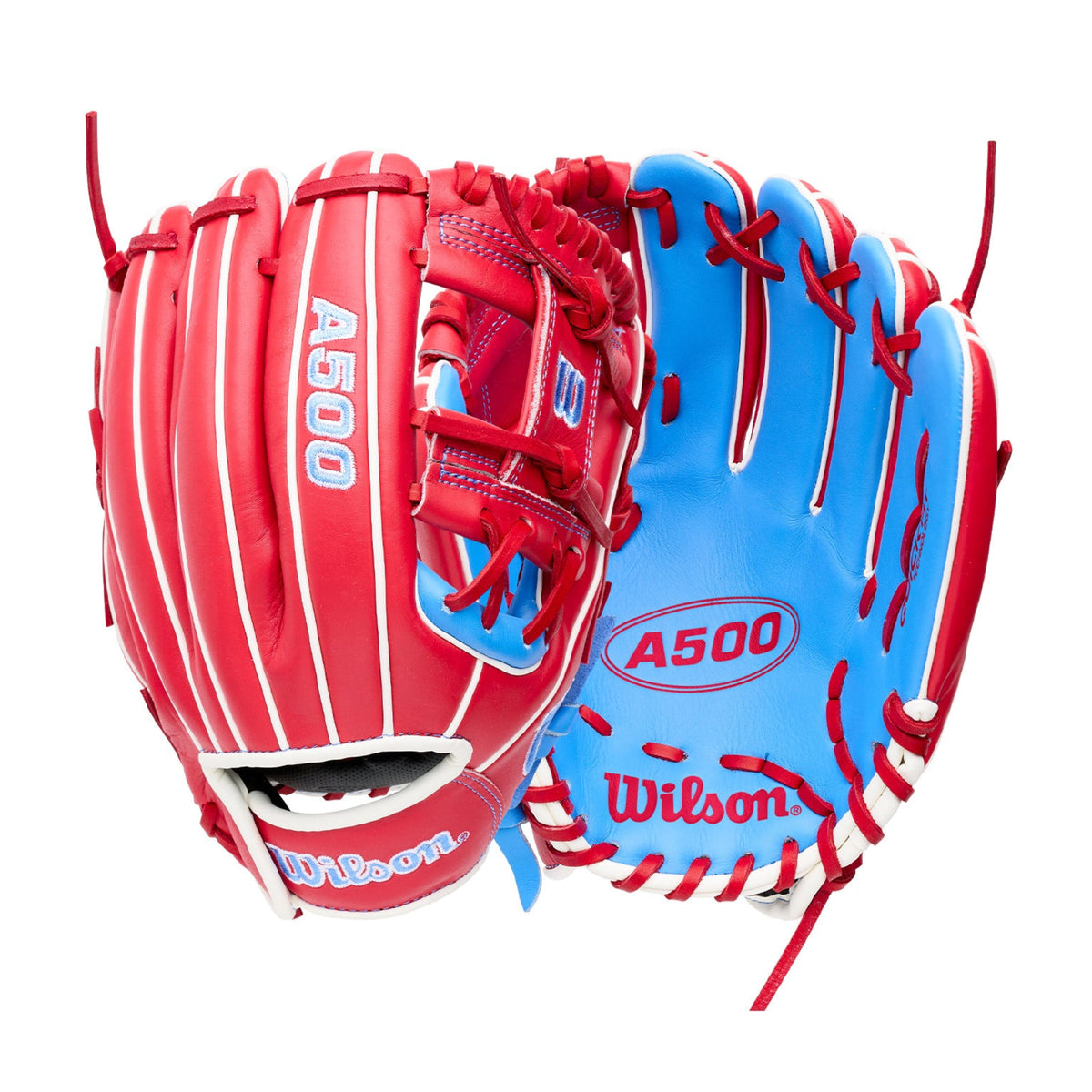 Wilson 2027 A500 11" Infield Youth Baseball Glove LHT for ages 6-10, featuring a red and blue design with A500 label.