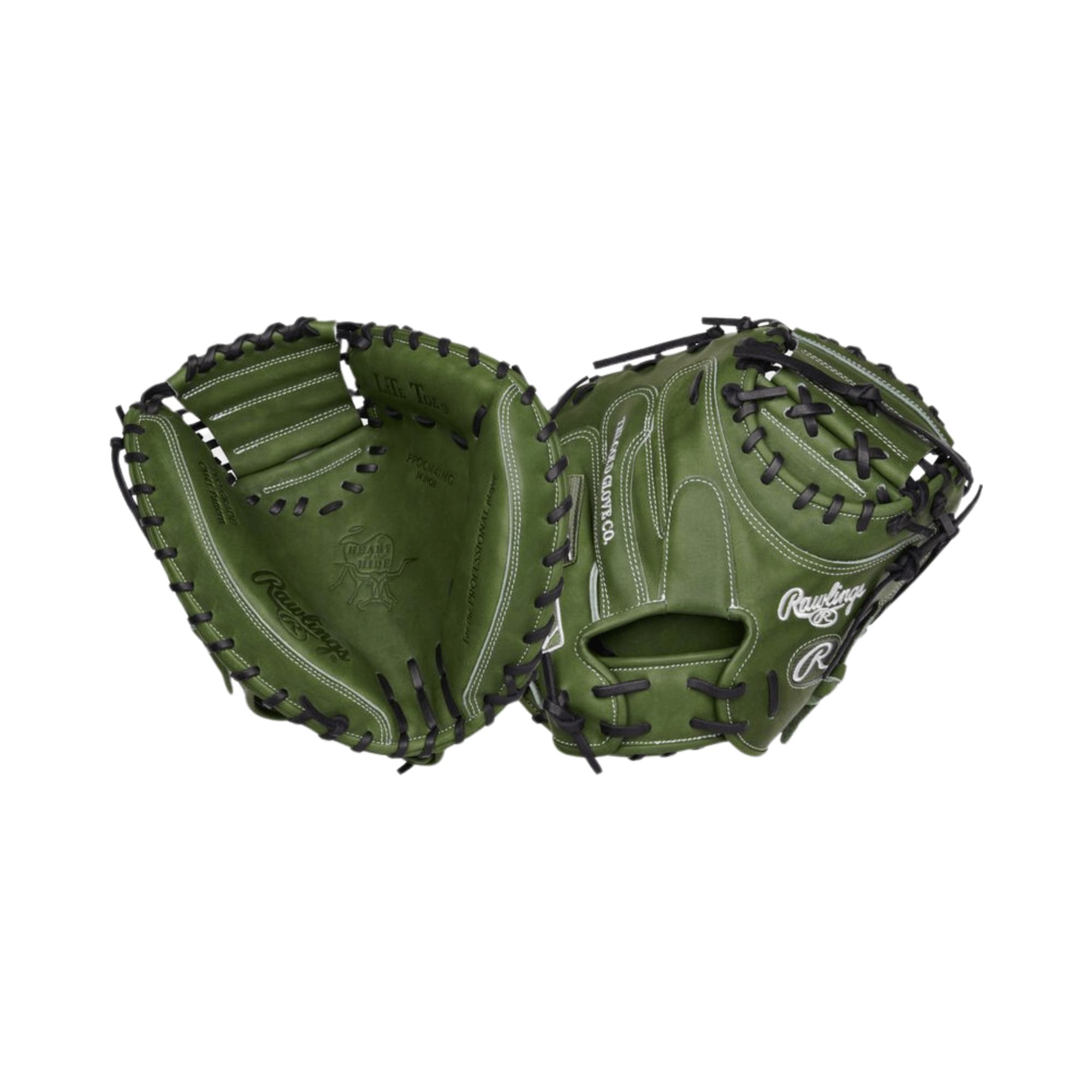 Rawlings Military Green Heart of the Hide 34" catcher's mitt showcasing premium leather and unique color design.