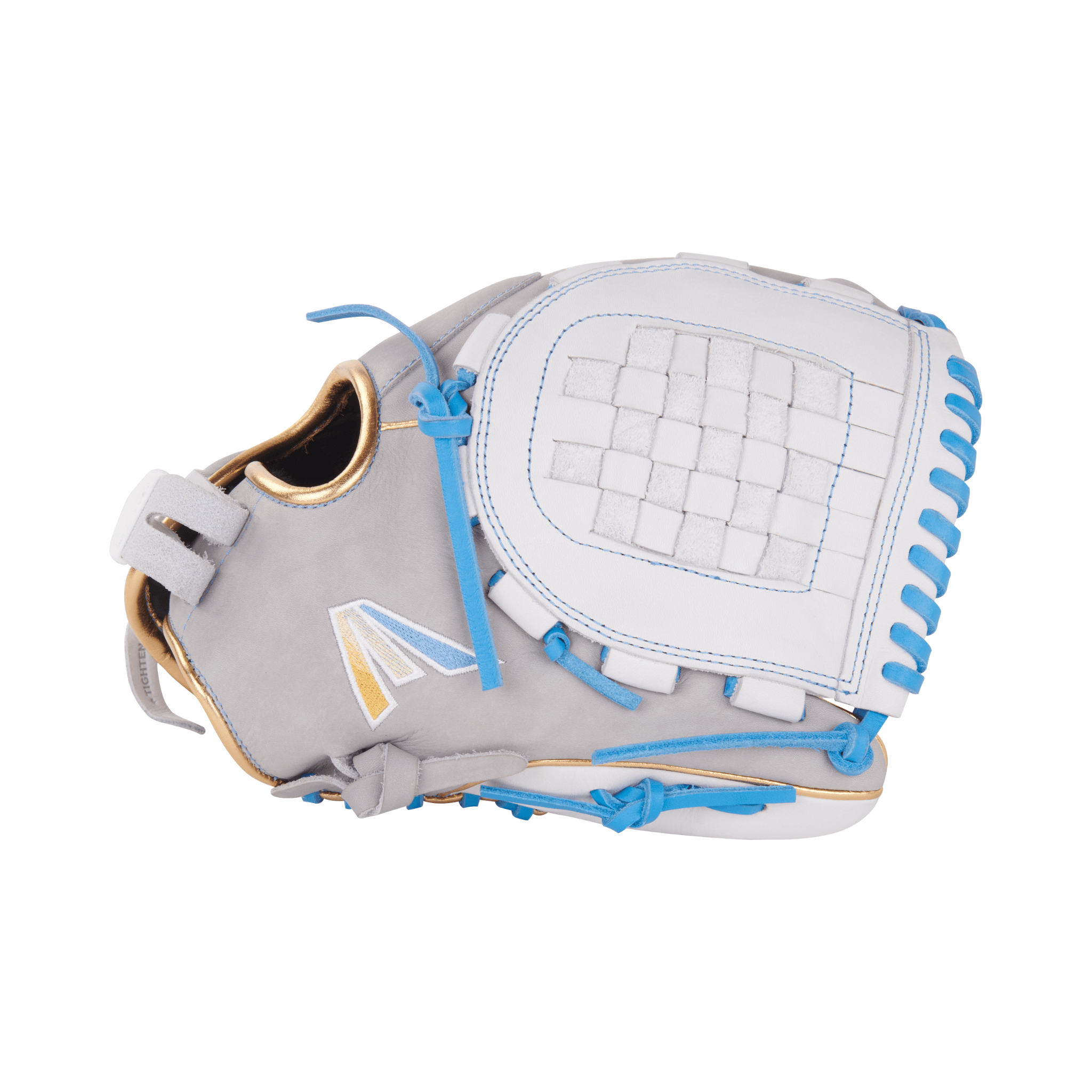 Easton Pro Collections Series 12" Fastpitch Softball Glove in white and gray with blue accents, designed for performance.
