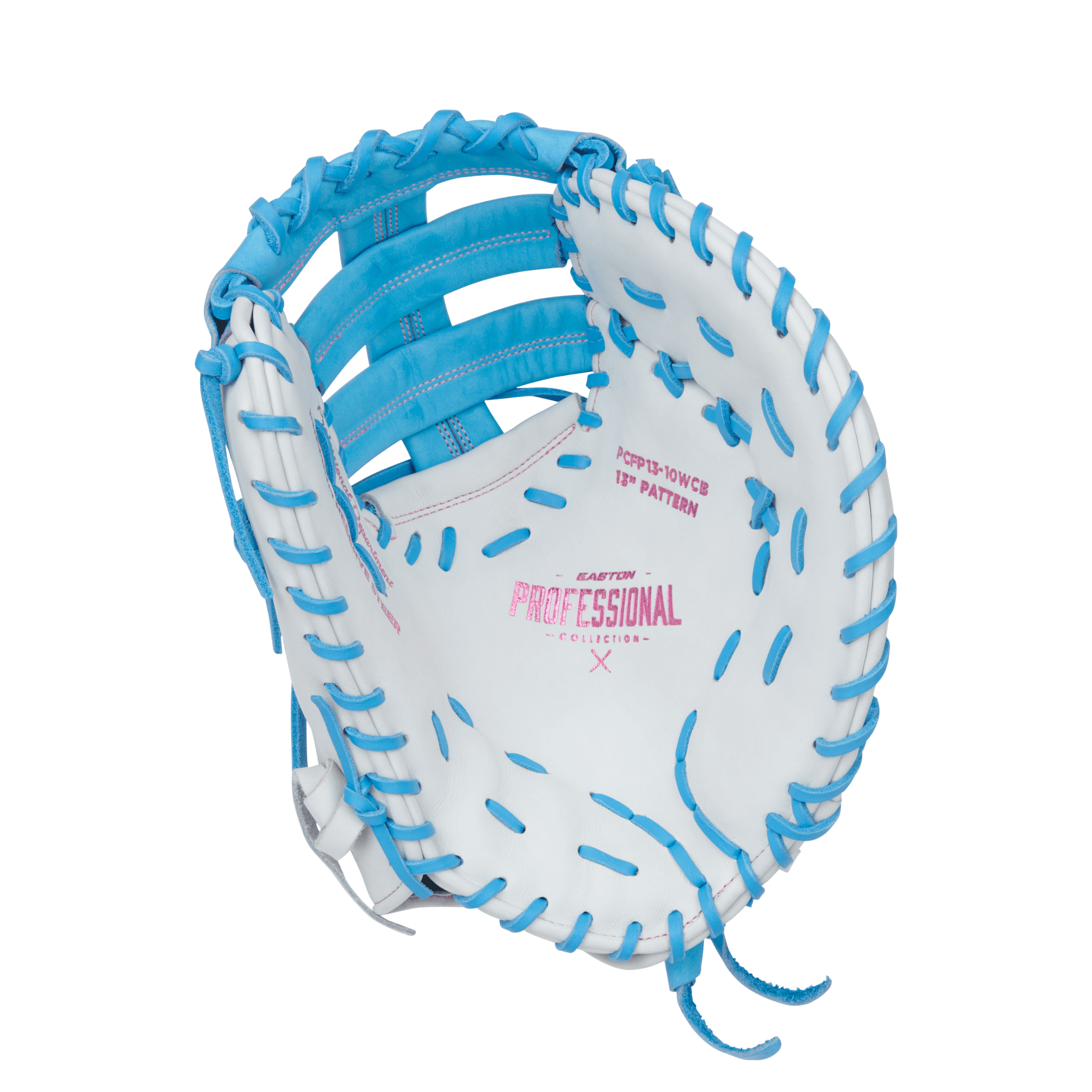 Easton Pro Collections First Base Mitt Softball Glove interior view, featuring white leather and Columbia blue lacing.