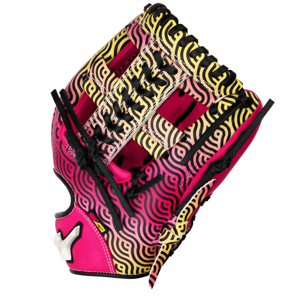 Backhand view of Mizuno Pro Select GPS-40RMP Miami Breeze 11.5" Infield Glove with colorful M-Print design and black lacing.