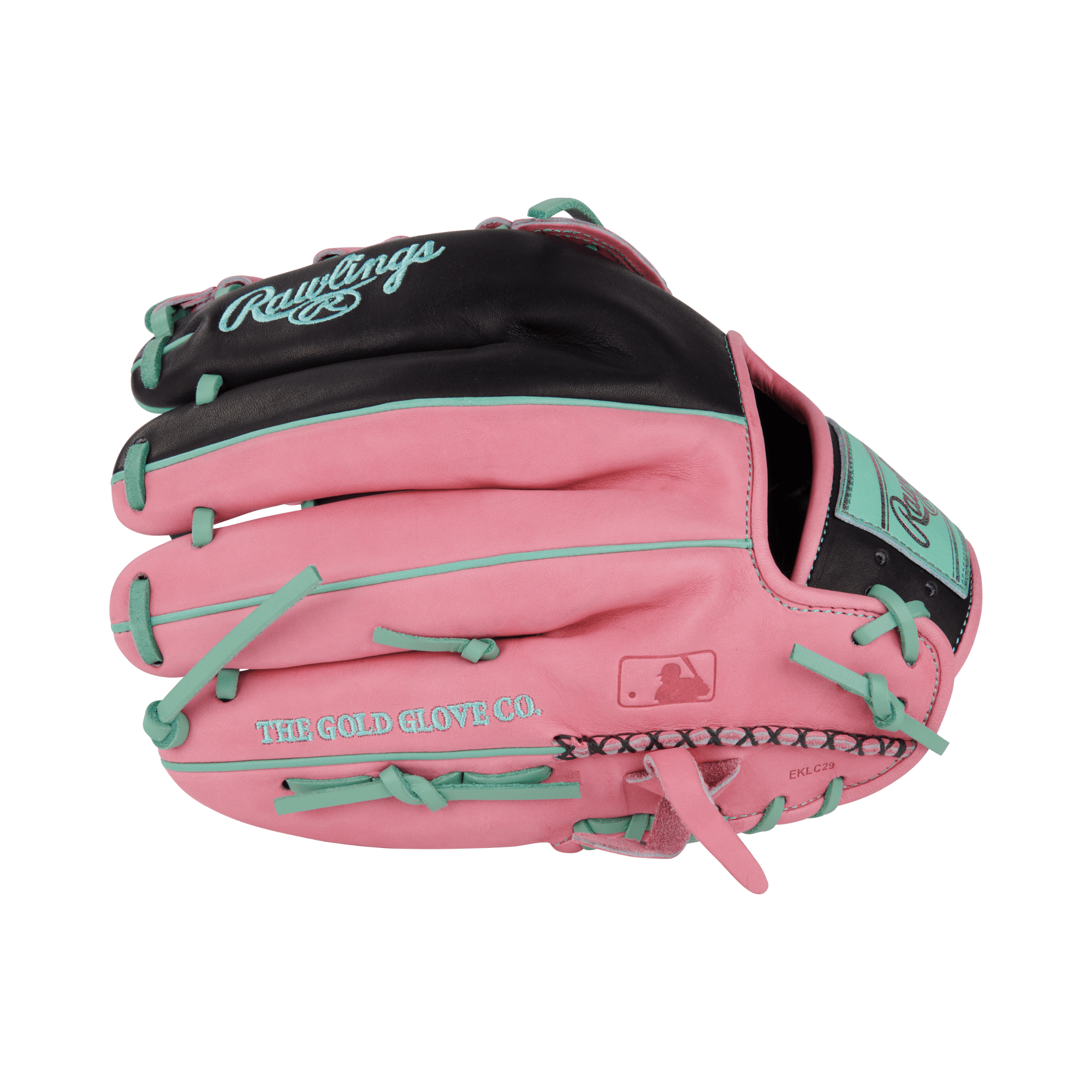Right side and finger view of the Rawlings ColorSync glove with matching mint and pink patch for a cohesive design.