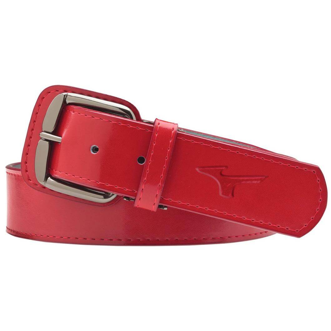 Mizuno Classic Leather Baseball Belt in red with polished metal buckle and cut-to-fit design for a custom fit.