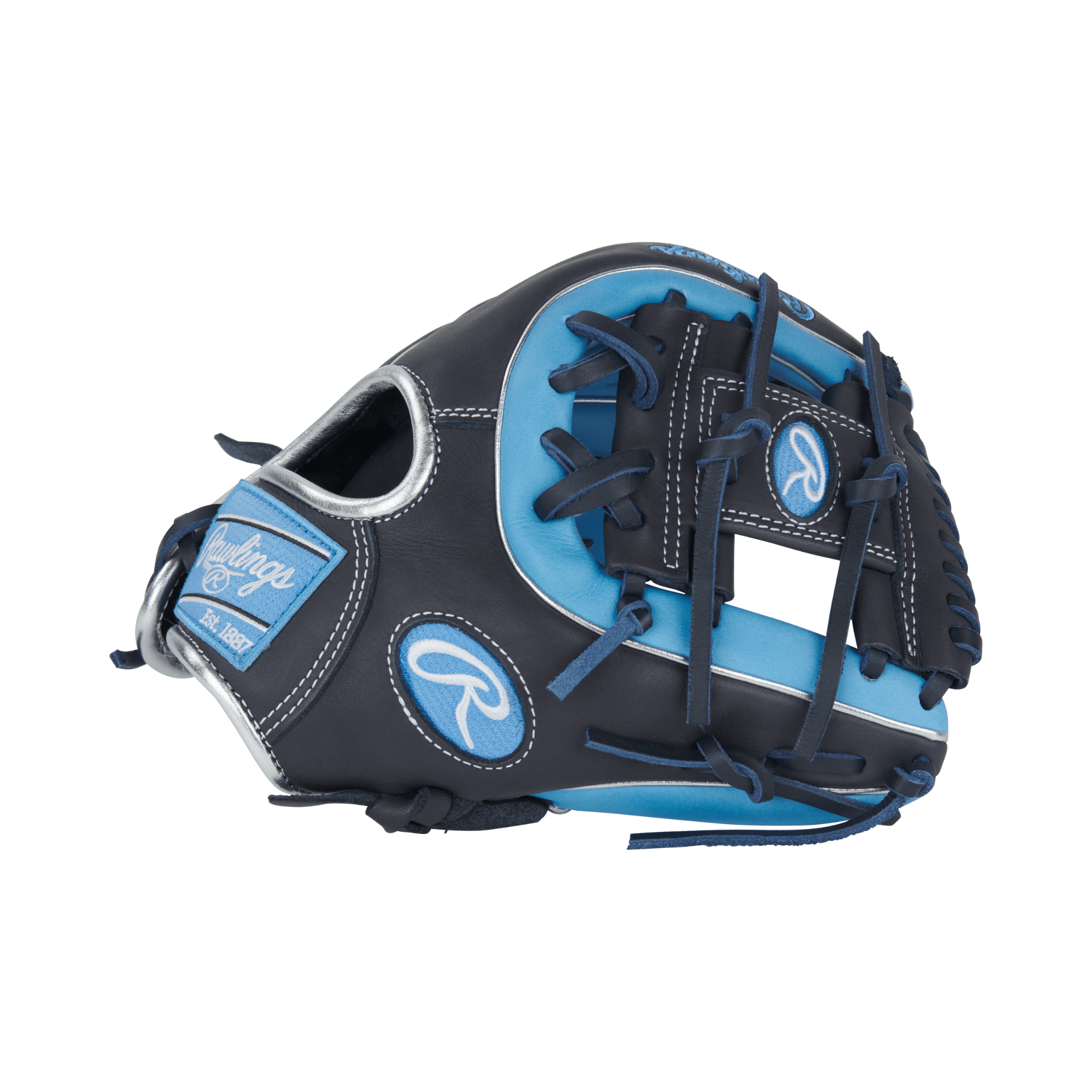 Thumb-side view of Rawlings NXT Infield Glove showcasing Columbia Blue leather and ergonomic youth fit design