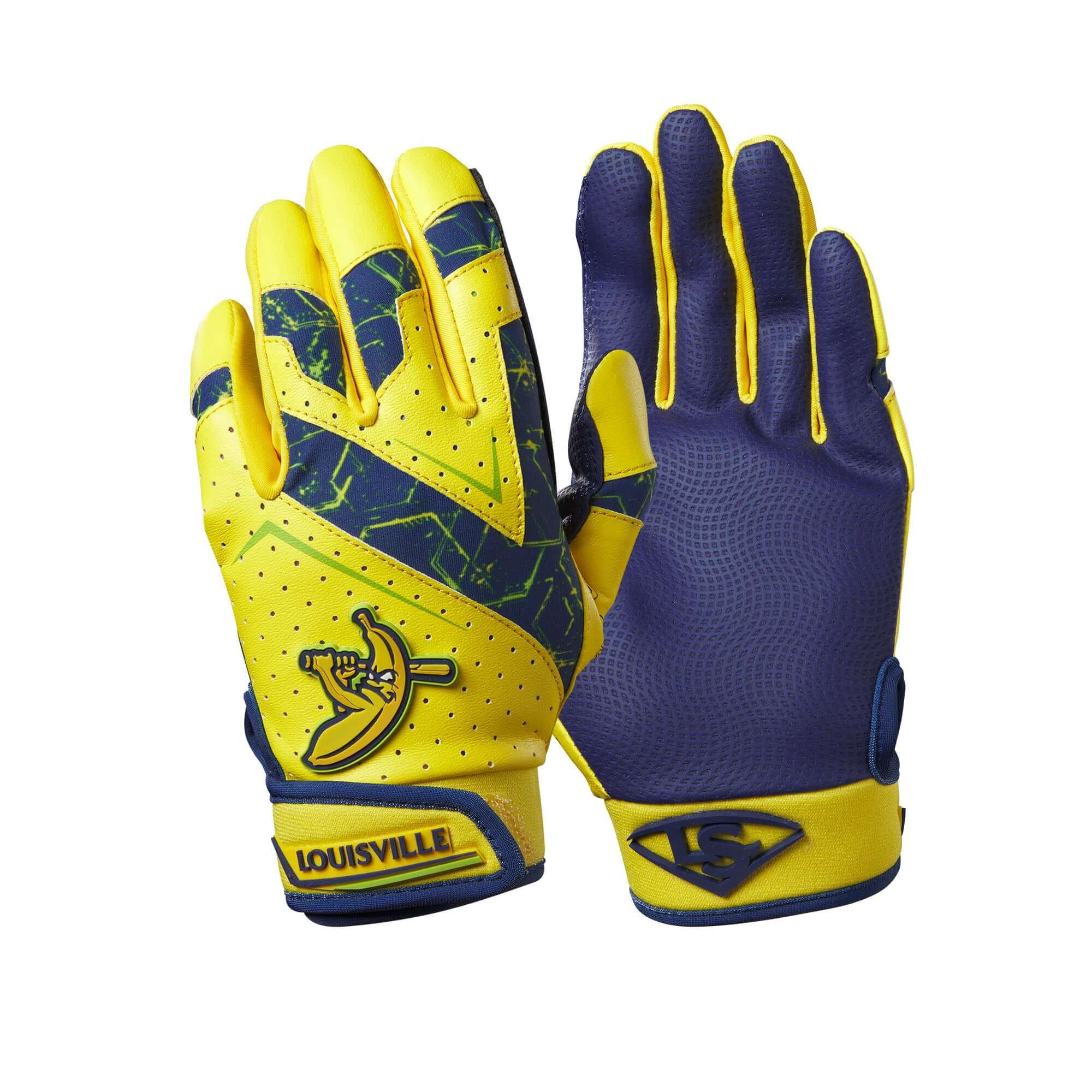 Louisville Slugger Savannah Bananas Youth Genuine V2 Batting Gloves, yellow and blue, palm and backhand view with logo detail