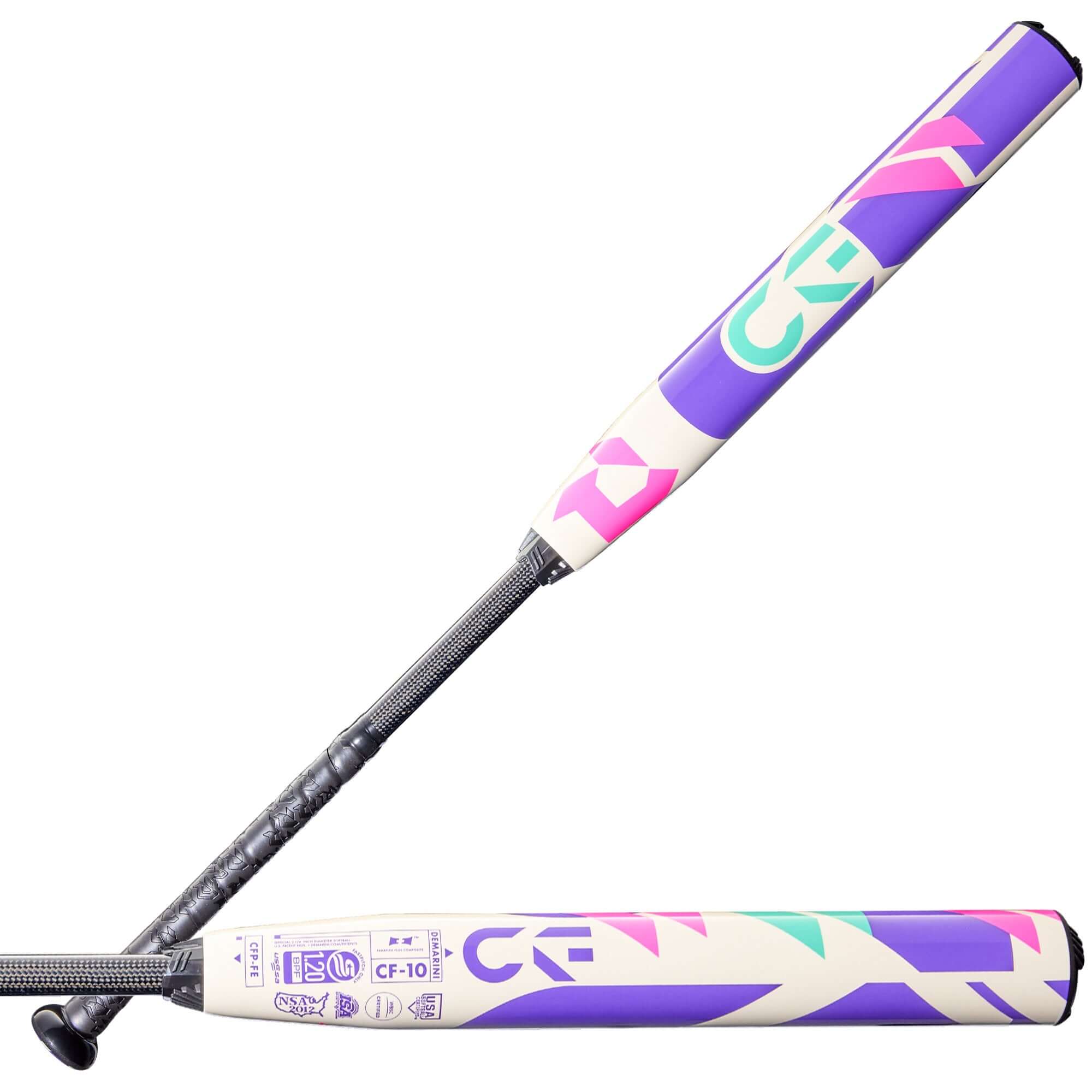 Side profile of 2026 DeMarini CF FP FE (-10) Fastpitch Softball Bat with colorful graphics and weight stamp visible.