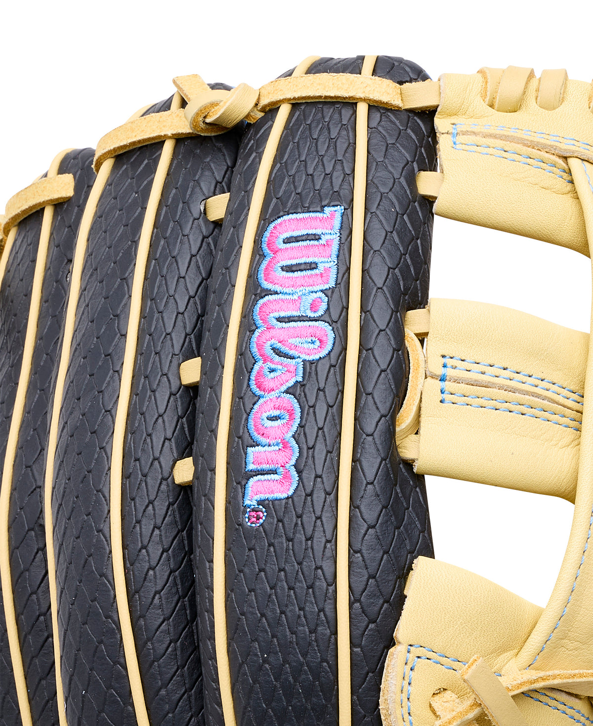 Close-up of Wilson 2027 A1000 1750SS 12.5” Outfield Baseball Glove LHT showing detail of laces and logo.