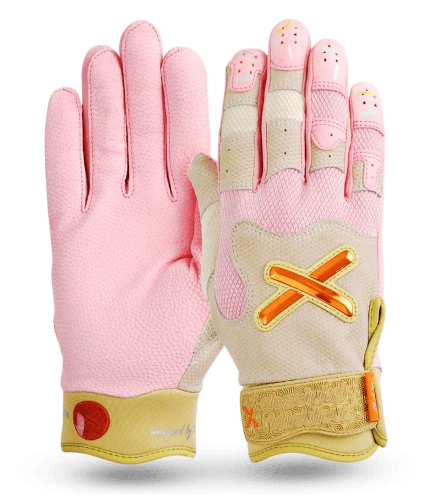 Front view of Absolutely Ridiculous strawberry ice cream batting gloves with pink and beige colors.
