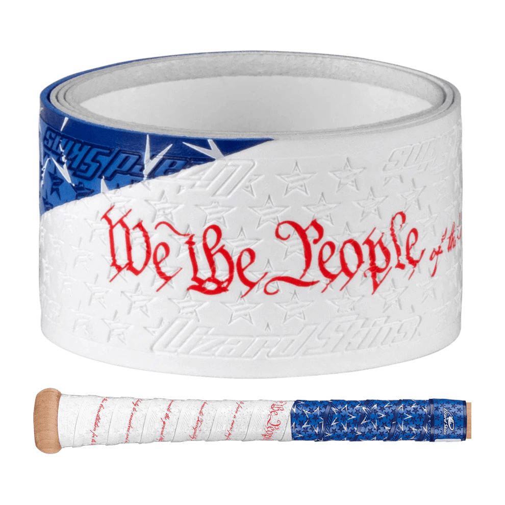 Lizard Skins DSP Ultra Bat Grip - 1.1 mm, white with red "We the People" text and blue star pattern, detailed wrap view.