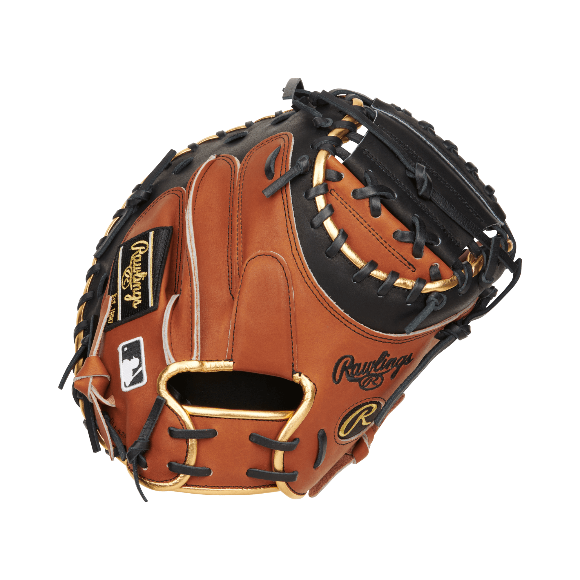 Rawlings Heart of the Hide Color Sync 8.0 Limited Edition catcher's mitt in black and brown with gold accents, 34 inches.