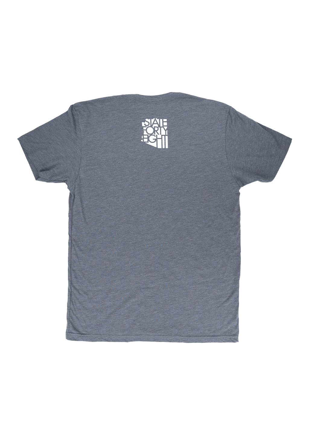 Back view of State Forty Eight Men's Tri Blend Crew in grey with vintage white graphic design.