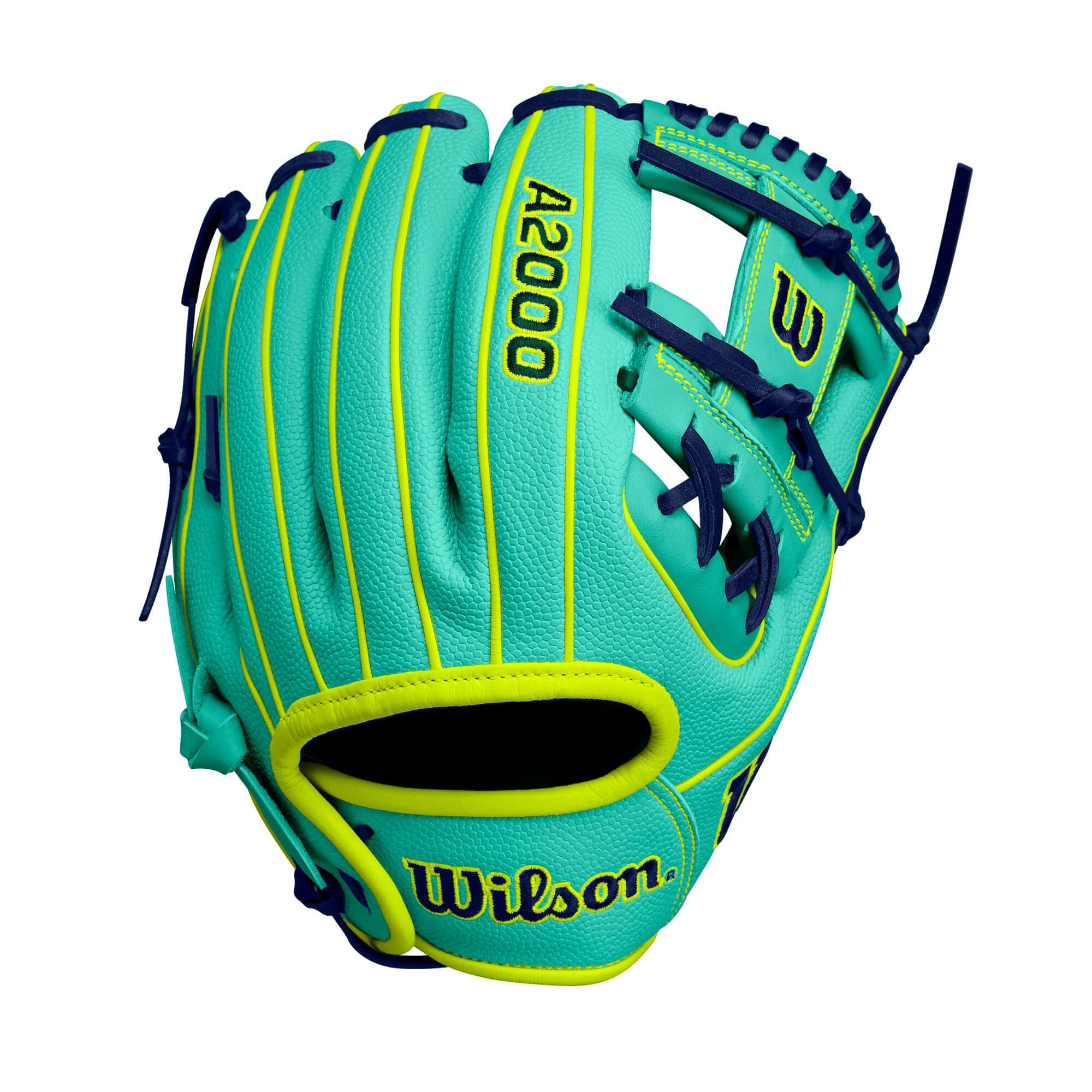 Wilson A2000 DP15SS infield baseball glove in seafoam and optic yellow, designed for smaller hands, 11.5" size.