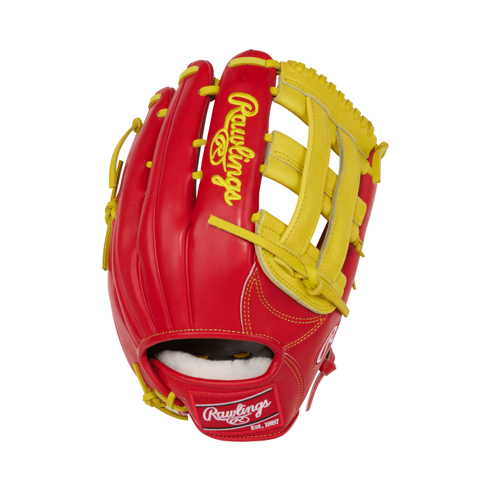 Back view of Rawlings Pro Preferred 12.75" Scarlet/Yellow LHT outfield glove showing vibrant colorway and durable lacing
