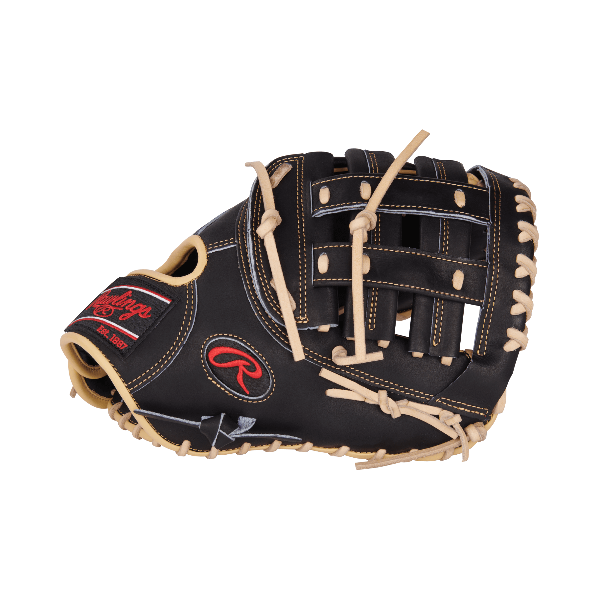 Rawlings Heart of the Hide First Base Mitt 12.5" black baseball glove with tan laces, designed for adult players.