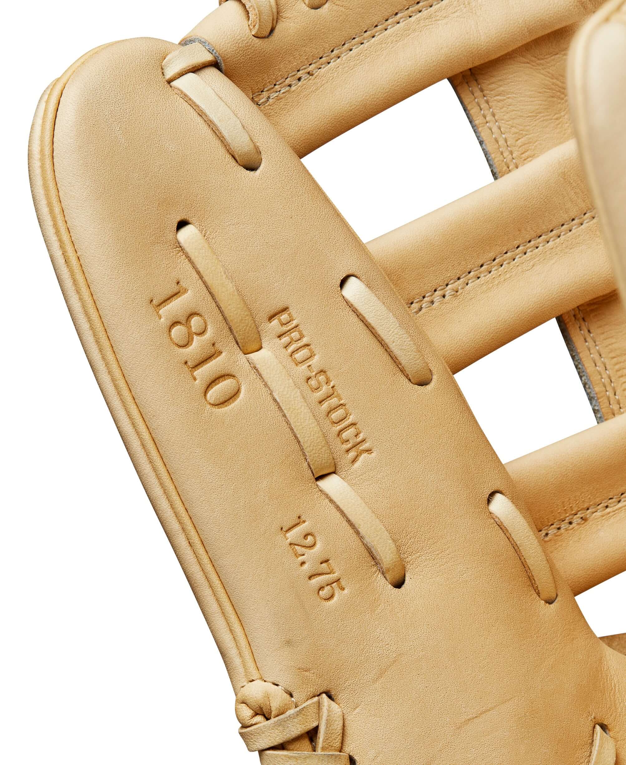 Wilson 2024 A2000 1810 outfield baseball glove showing 12.75 inch size and pro stock quality. Blonde color detail.